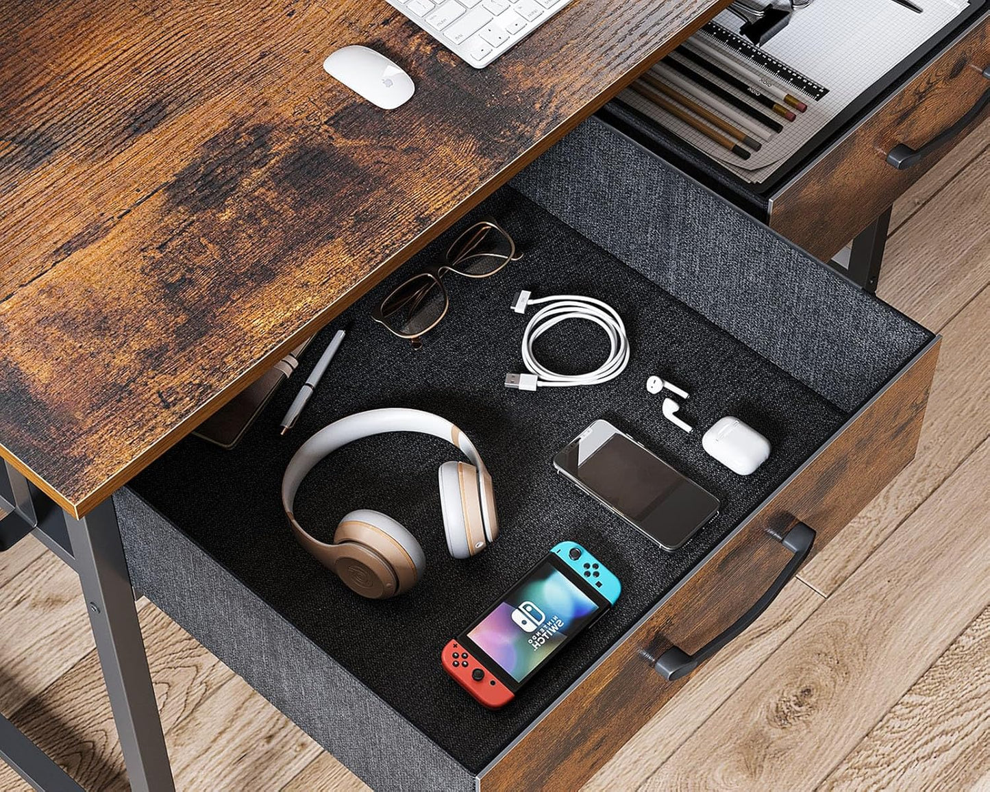 Casaottima 32 Inch Small Office Computer Desk with 2 Drawers & Headphone Hook - Compact Writing Desk for Home Office, Study or Work, Modern Space-Saving Design for Small Spaces, Pure Vintage