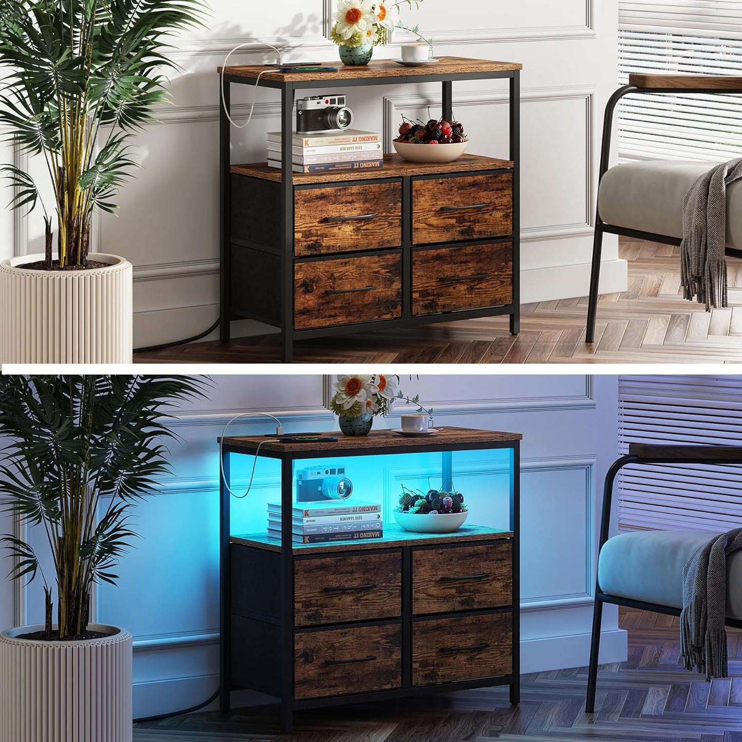 TUTOTAK LED Night Stand with Charging Station, Large Nightstand with USB and Type-C Port, Bedside Table with Cloth Drawers, End Table for Livingroom, Bedroom, Brown TB01BB081L