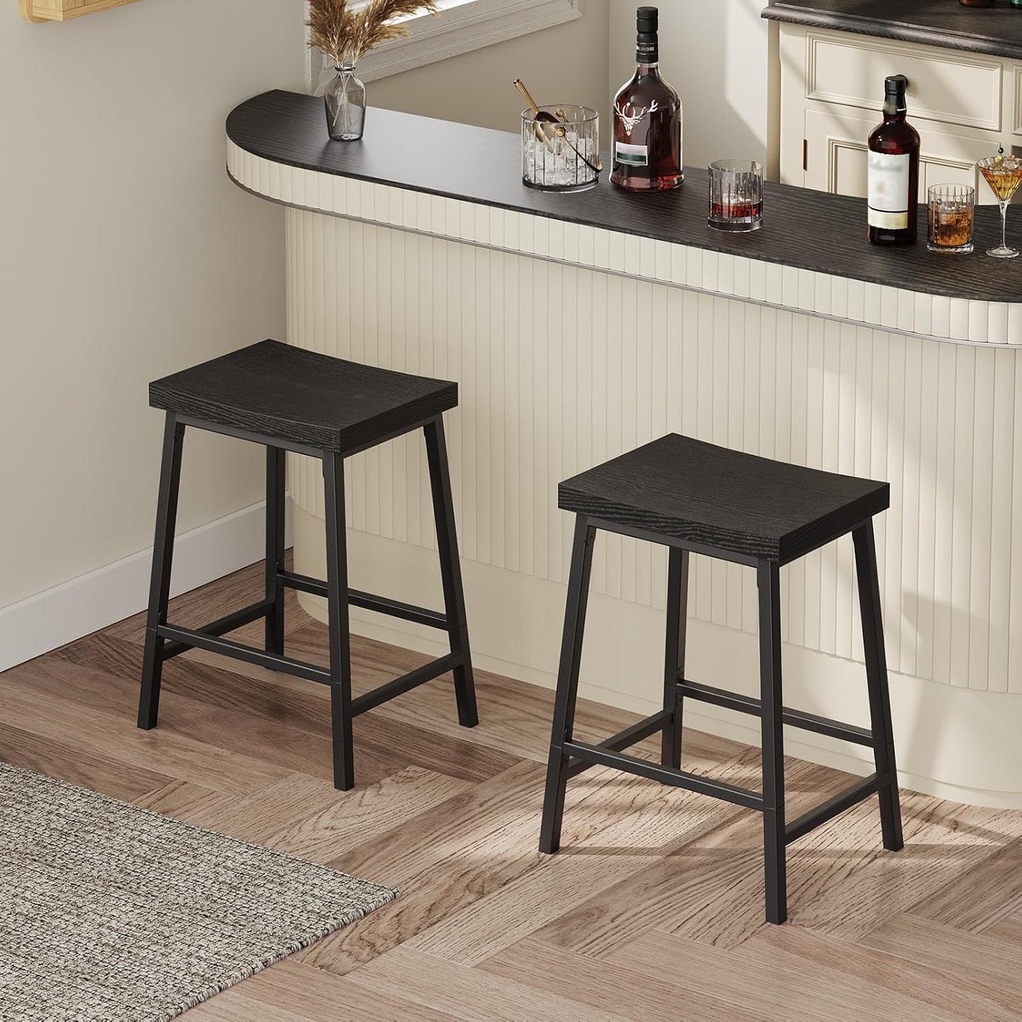 Bar Stools, Counter Height Bar Stools Set of 2, 23.7 Inch Saddle Stools with Footrest, Kitchen Stools, Industrial Style, for Dining Room, Counter, Bar, Black BABK0801