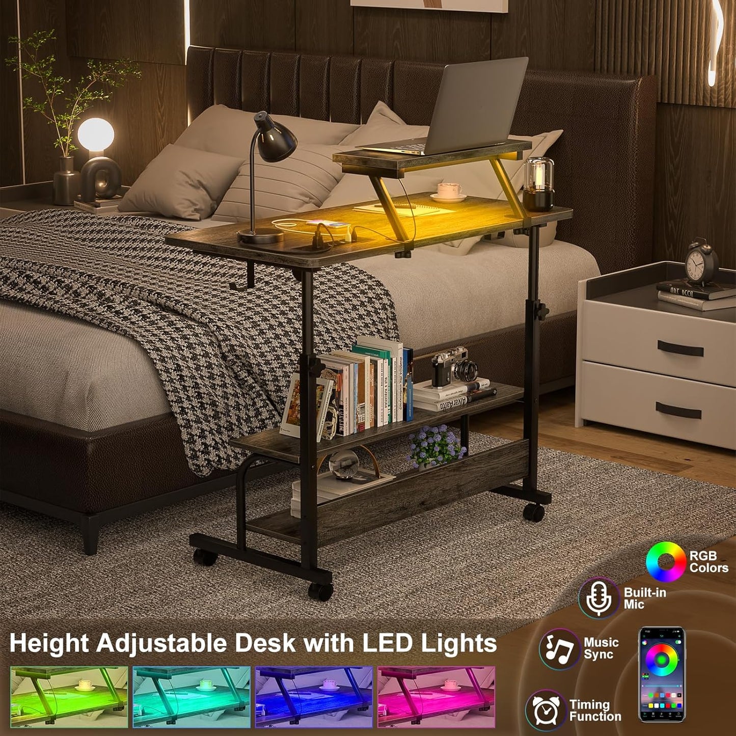 Height Adjustable Standing Desk with Power Outlets and LED Lights - 32" Manual Stand Up Desk with Monitor Stand and Storage Shelves Small Mobile Rolling Computer Desk Portable Laptop Table, Grey Oak