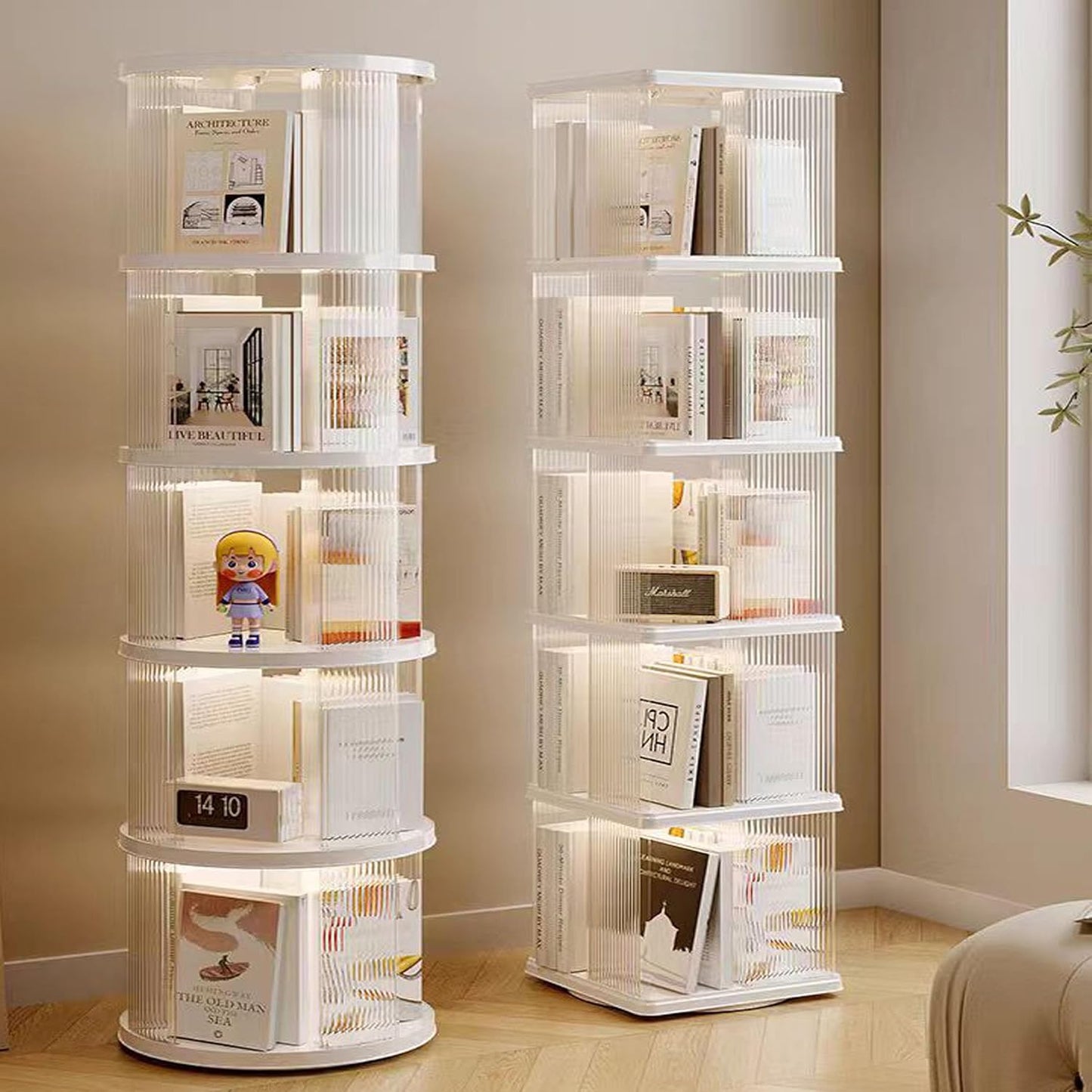 Rotating Bookshelf Tower,360° Rotating Bookshelf,66 inch High Small Space Revolving Bookcase, Suitable for Spinning Bookshelf Tower in Home and Office (White, 5 Tier, 14x14x66)