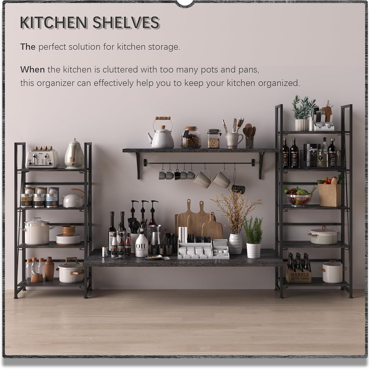 4NM No-Assembly Folding Bookshelf Storage Shelves 4 Tiers Vintage Bookcase Standing Racks Study Organizer Home Office (Gray Black)