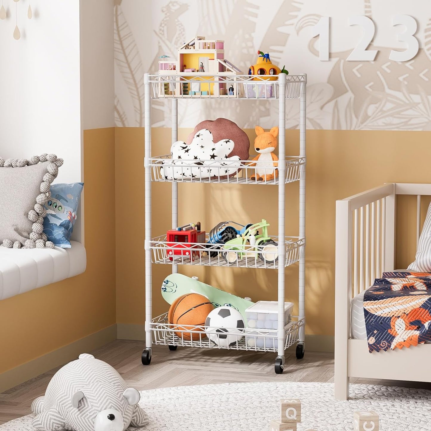 SINGAYE 4 Tier Basket Shelf Wire Shelving Unit Adjustable Storage Shelves Big Basket Rack for Garage Kitchen Office Pantry Corner 17" Dx12 Wx50 H White