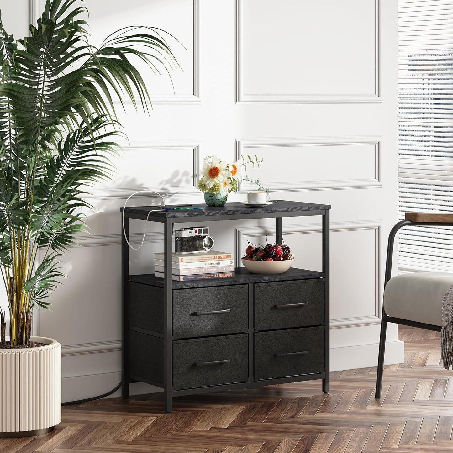 TUTOTAK Large Night Stand with Charging Station, Nightstand with USB and Type-C Port, Bedside Table with Cloth Drawers, End Table for Livingroom, Bedroom, Black TB01BK081