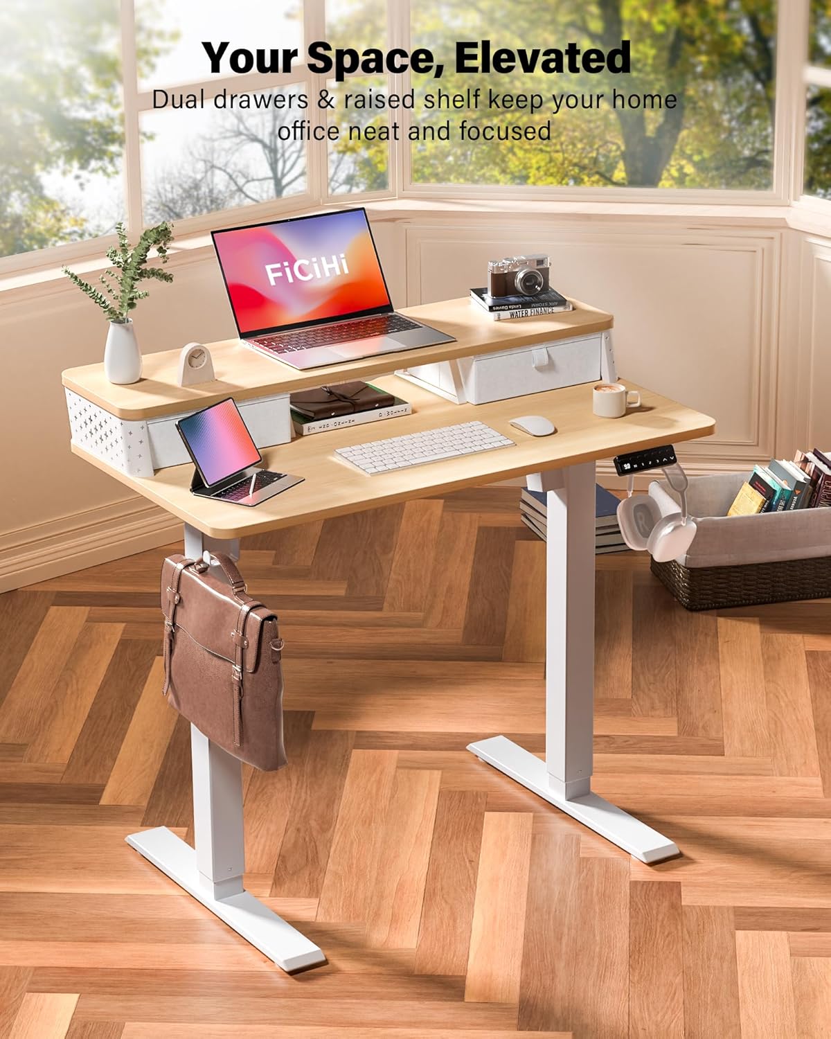 40x24 Inch Standing Desk with Double Drawers, C-Clamp Mount Compatible, Electric Adjustable Height Computer Stand Up Desks, Home Office Sit Stand Table with 3 Preset Heights & 2 Hooks, Natural