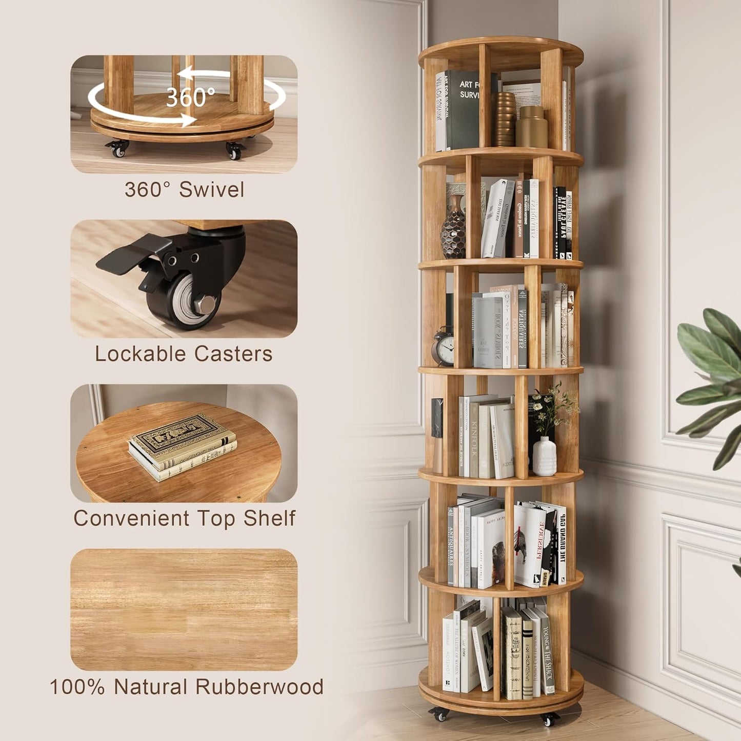 6 Tier Bookshelf Tower, 360° Solid Wood Spinning Bookcase with Swivel Wheels, Floor Standing Book Shelf for Small Space, Bookshelf for Home Office Study Room Bedroom Living Room
