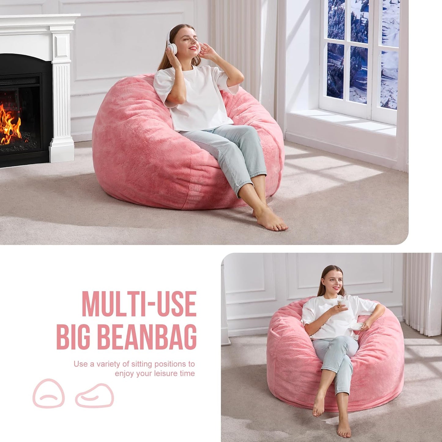 Hobestluk 3ft Bean Bag Chairs for Adults Large Beanbag Chair with Plush Faux Fur Cover Big Bean Bag Chair for Living Room Bedroom Dorm Office -Pink (36” x 36” x 22”)