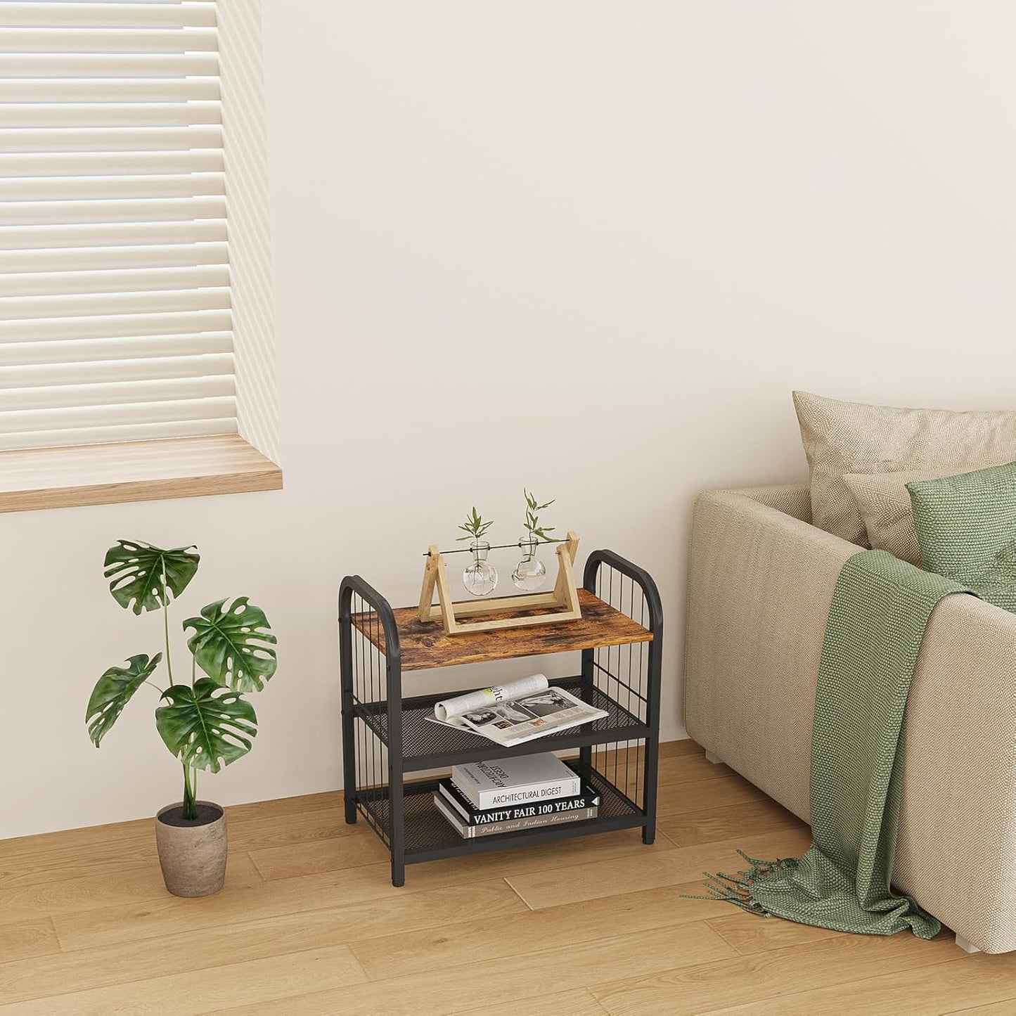 Shoe Rack, 3-Tier Shoe Organizer with Guardrails, Heavy-Duty Metal Mesh Shelves & Rustic Wooden Top for Stylish Closet & Front Door Storage