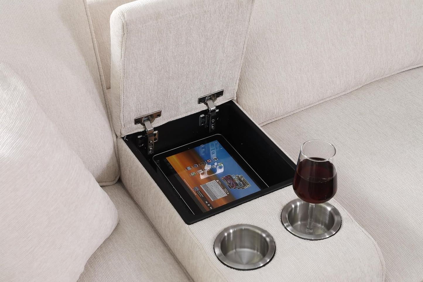 127" L-Shaped Sectional Couch with Movable Ottoman & 6 Throw Pillows,7 Seat Chenille Upholstered Sofa W/2 Cup Holder,USB Port & Hidden Storage Box,DIY Combination,for Living Room,Apartment,Beige