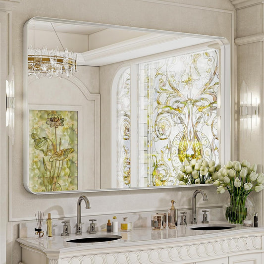 Bathroom Mirror 30x48 inch, Silver Gorgeous Deep Frame Wall Mirror, Modern Round Corner Bathroom Vanity Mirror for Bedroom, Living Room, Hanging or Leaning Horizontal or Vertical, Silver