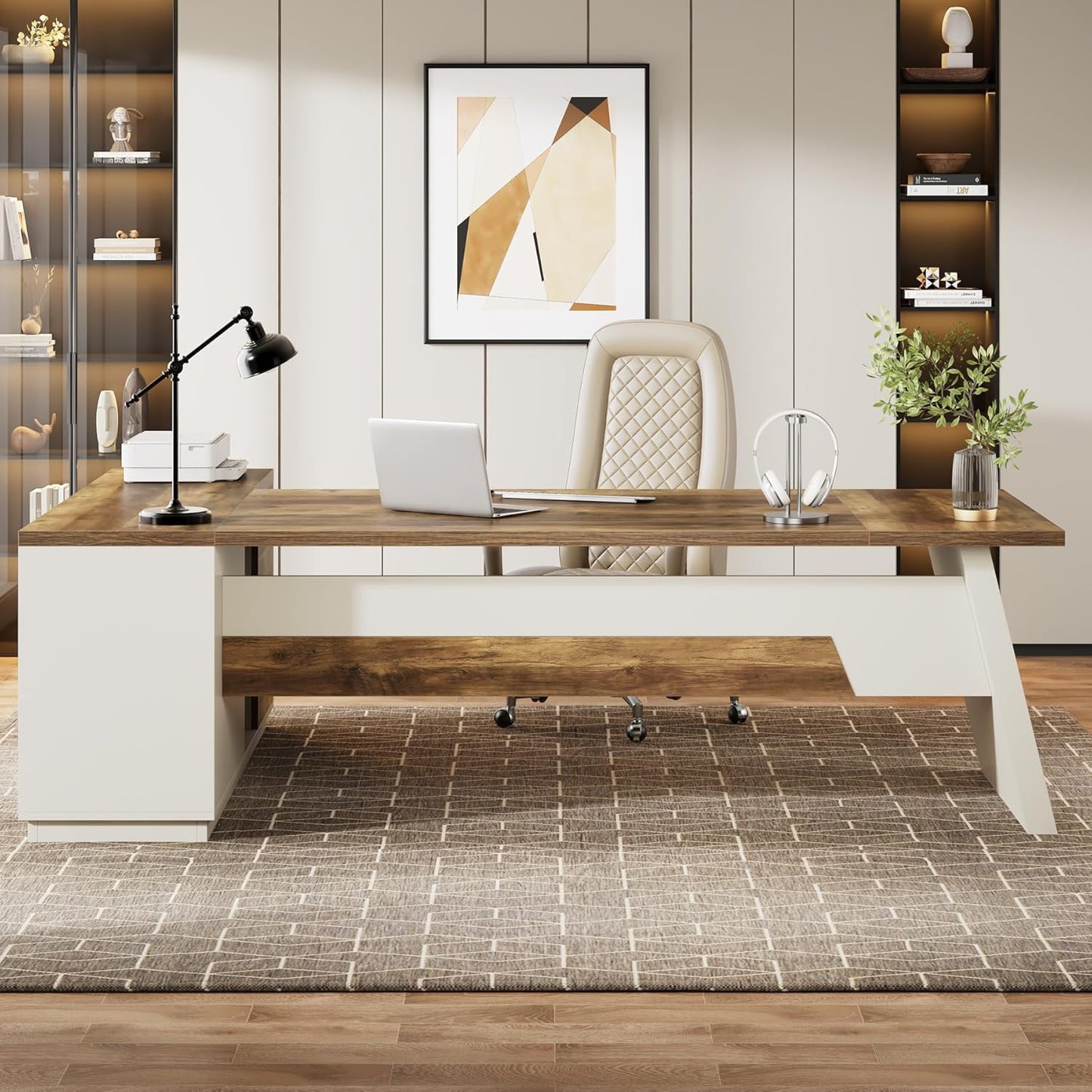 Tribesigns 78" L-Shaped Executive Desk, Large Modern Office Desk with Drawers and Lateral File Cabinet, Business Furniture with Storage Shelves, Big Computer Desk for Home Office (Brown + White)