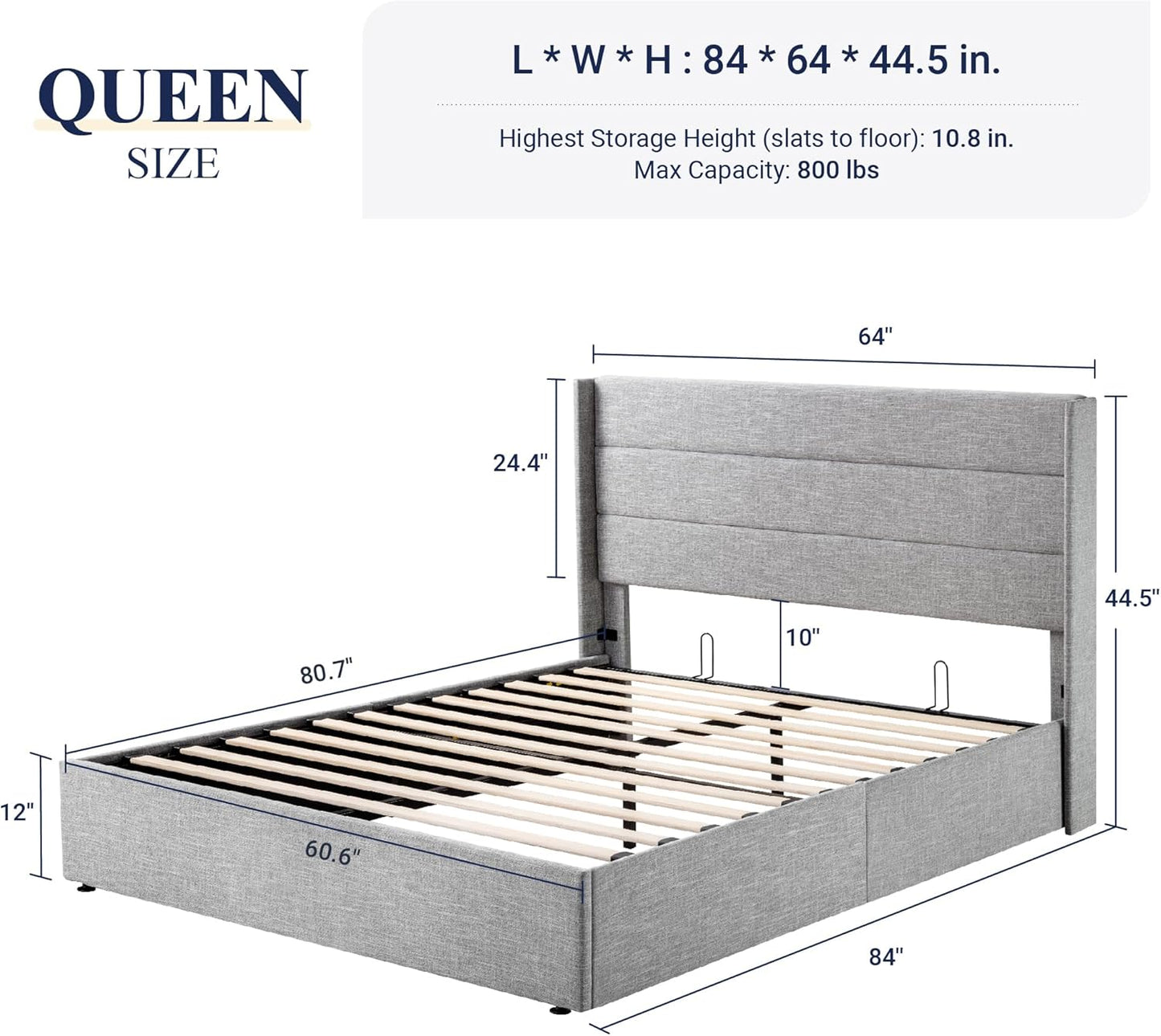 Allewie Queen Size Lift Up Storage Bed, Modern Wingback Headboard, Hydraulic Support, No Box Spring Needed, Light Grey
