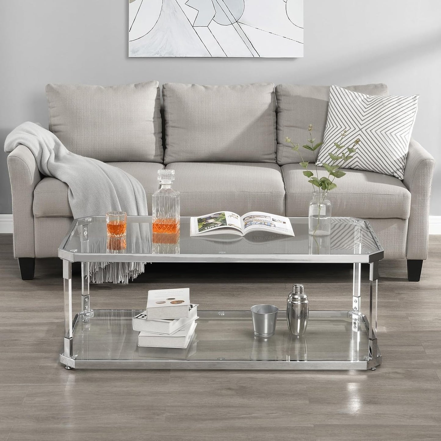 Glass Top Coffee Table, Sliver Rectangle Coffee Table Glass Top with 2 Tiers, Acrylic Leg, Chrome Frame, Modern Center Table for Living Room