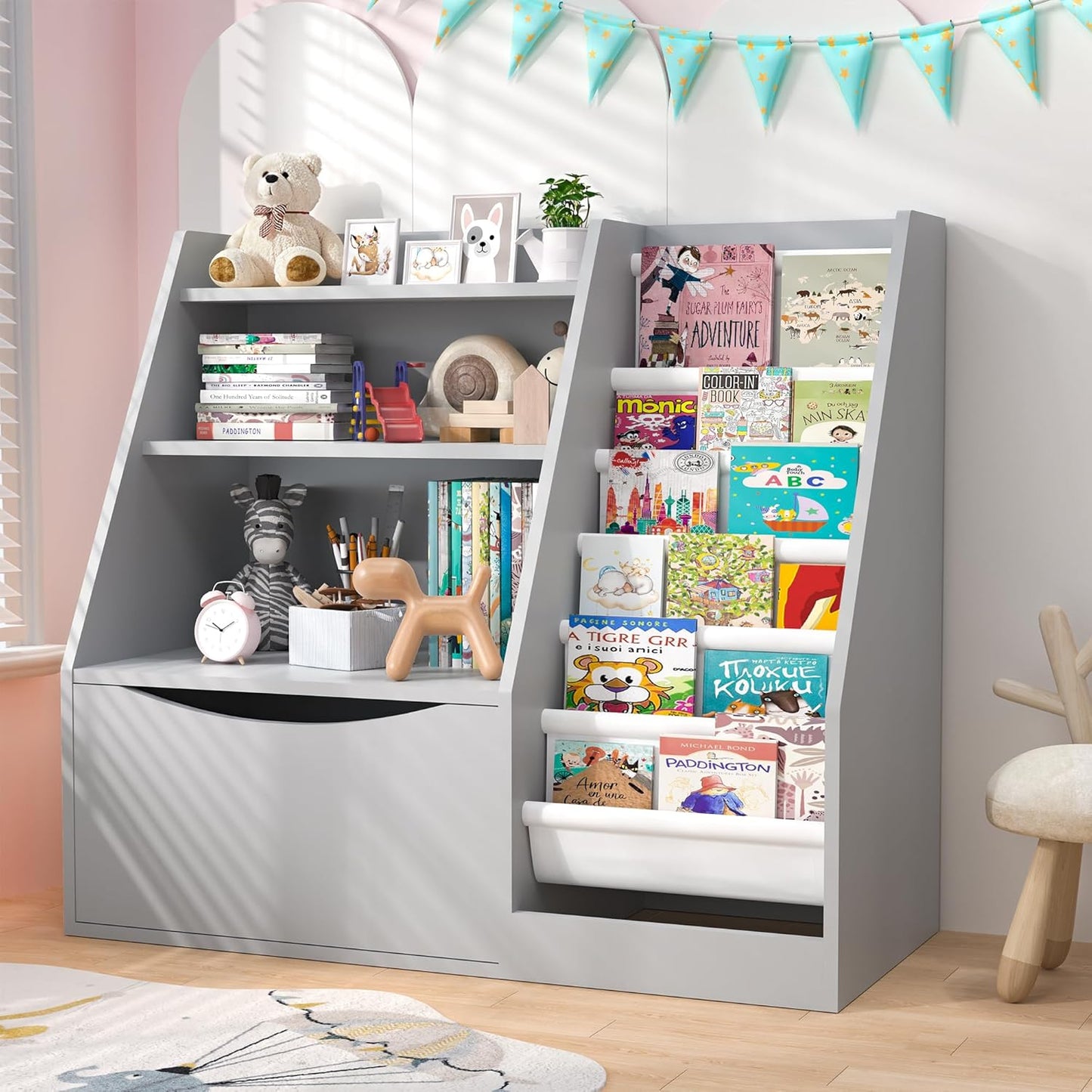 TOETOL Kids Bookshelf & Book Storage,3 Tier Wooden Toddler Bookshelf for Children,Nursery Book Shelves with 6 Sling,Organizer & Book Shelf for Kids Rooms,Bedroom,Playroom Gary