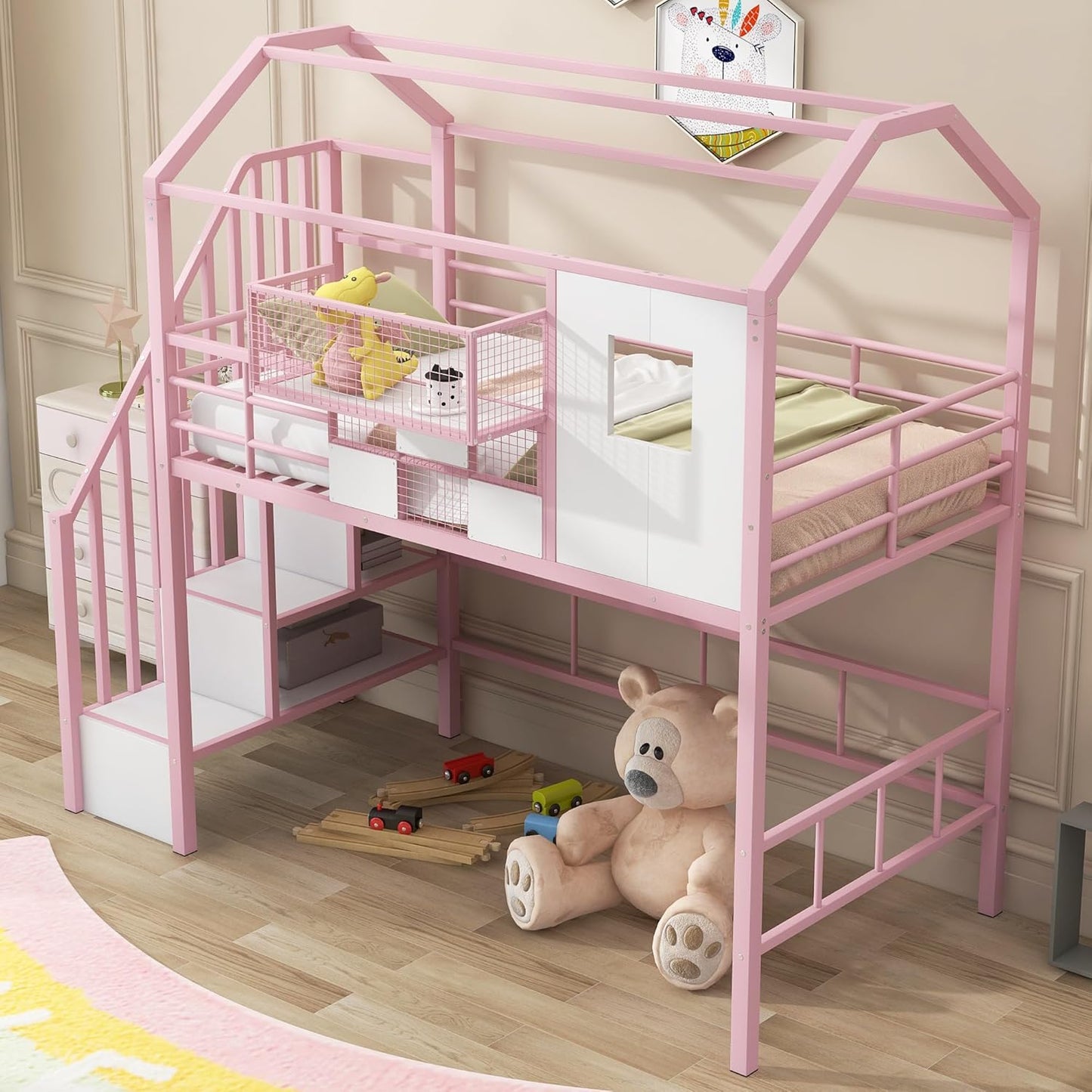 Twin Size Metal Loft Bed with roof Design and a Storage Box,House Shaped Stairway Metal Bedframe w/Guardrail & Roof Design, for Kids Boys Girls Bedroom, Pink