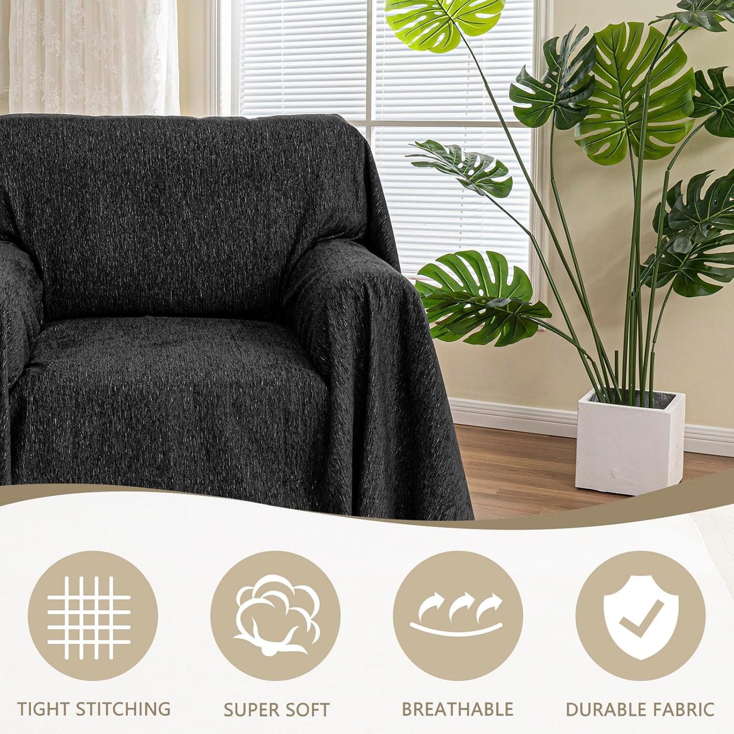 MYSKY HOME Chair Couch Covers Sectional Couch Covers for Pet Sofa Covers Non Slip Soft Couch Sofa Cover, Washable Furniture Protector Sofa Slipcover with Tassel Sofa Throws Living Room, 71"x91", Black