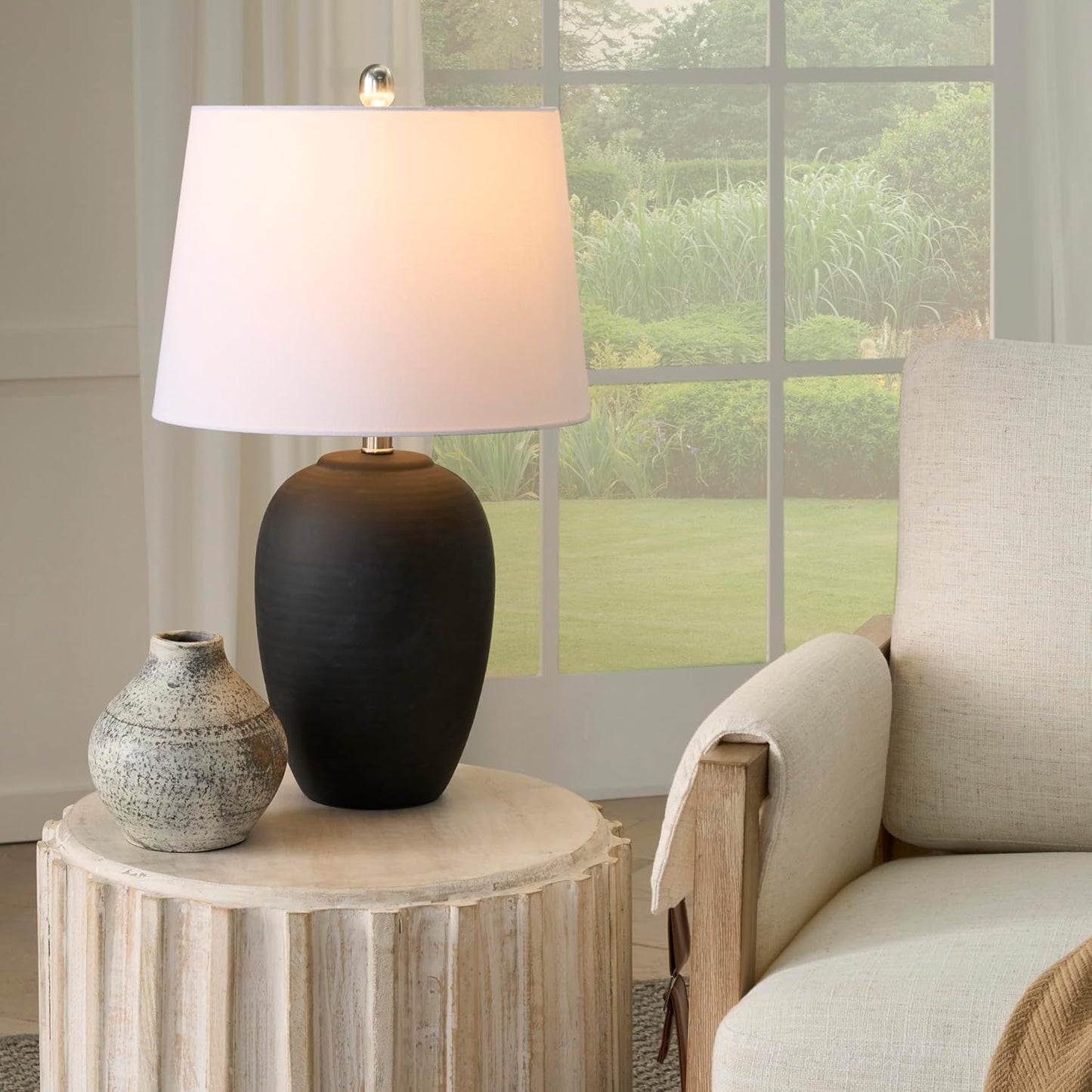 Nourison Home 23" Black Vintage Distressed Ceramic Pot Table Lamp for Bedroom, Living Room, End Table, with White Tapered Drum Shade