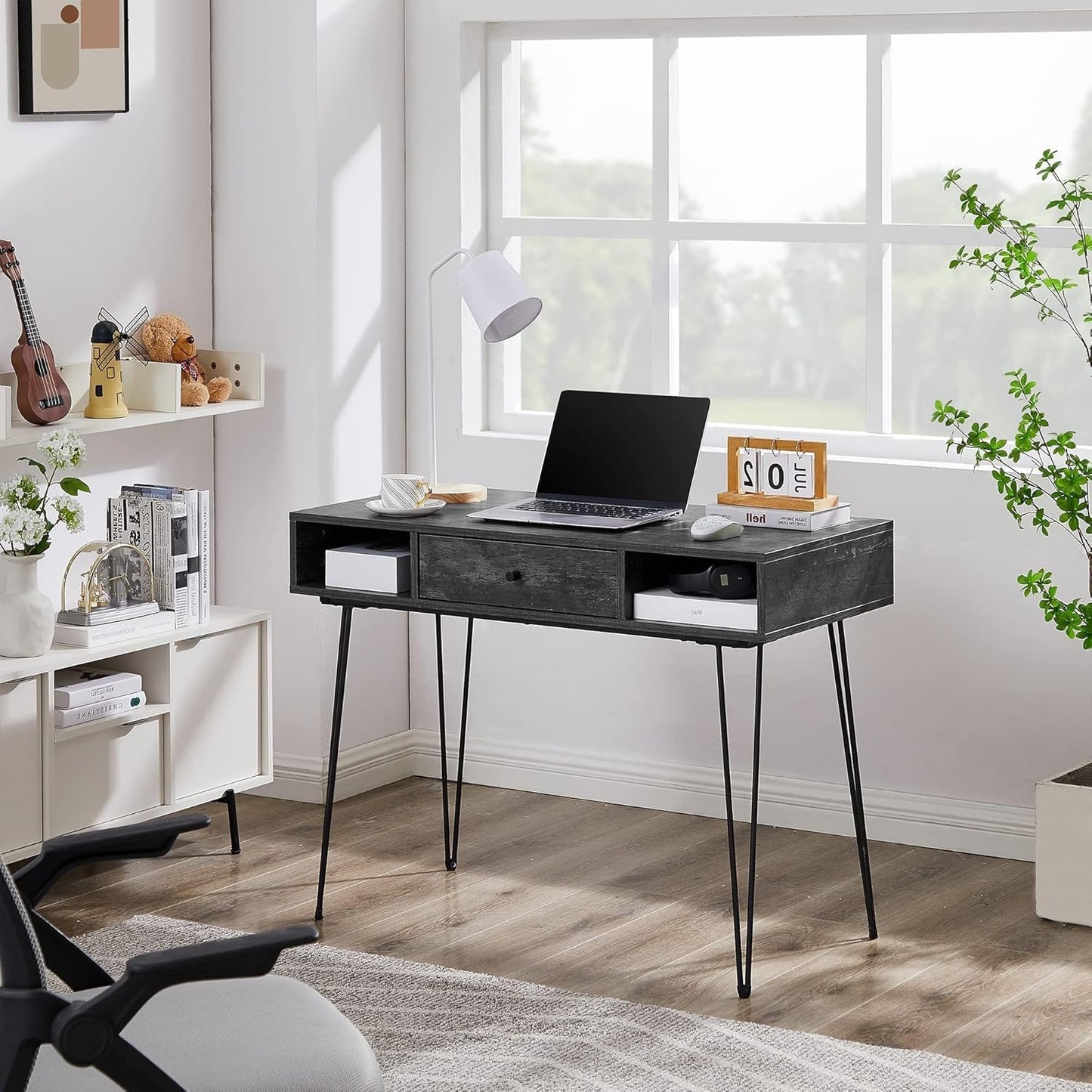 VECELO 39.3" Home Office Work Table with Drawers,Computer Desk with Hairpin Leg for Writing/Study,Classic Grey
