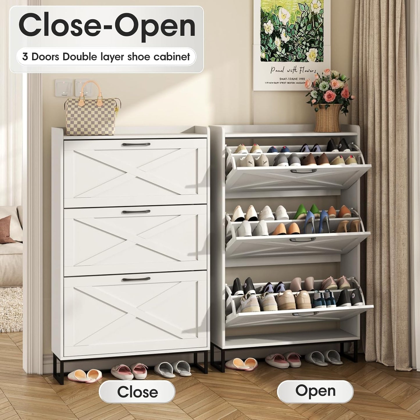 Maupvit Shoe Storage Cabinet with 3 Flip Drawers, Freestanding Organizer with Metal Legs for Entryway, Narrow Shoe Rack Cabinet, White