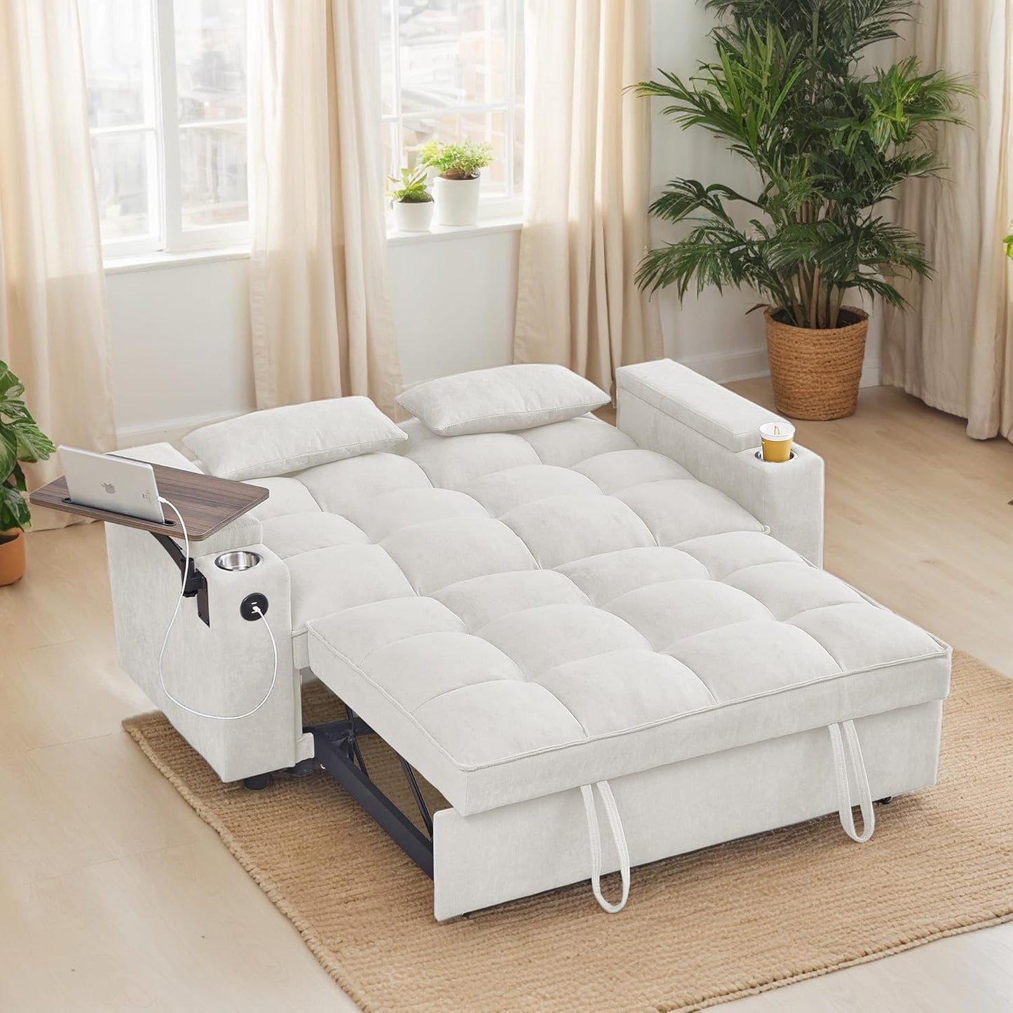 65-inch Multifunctional Loveseat Pull Out Sleeper Sofabed W/Cupholders, Oversized 3-in-1 Convertible Love Seat with Pull-Out Sleeper Couch Bed, Storage, USB Ports, Side Table for Living Room Bedroom