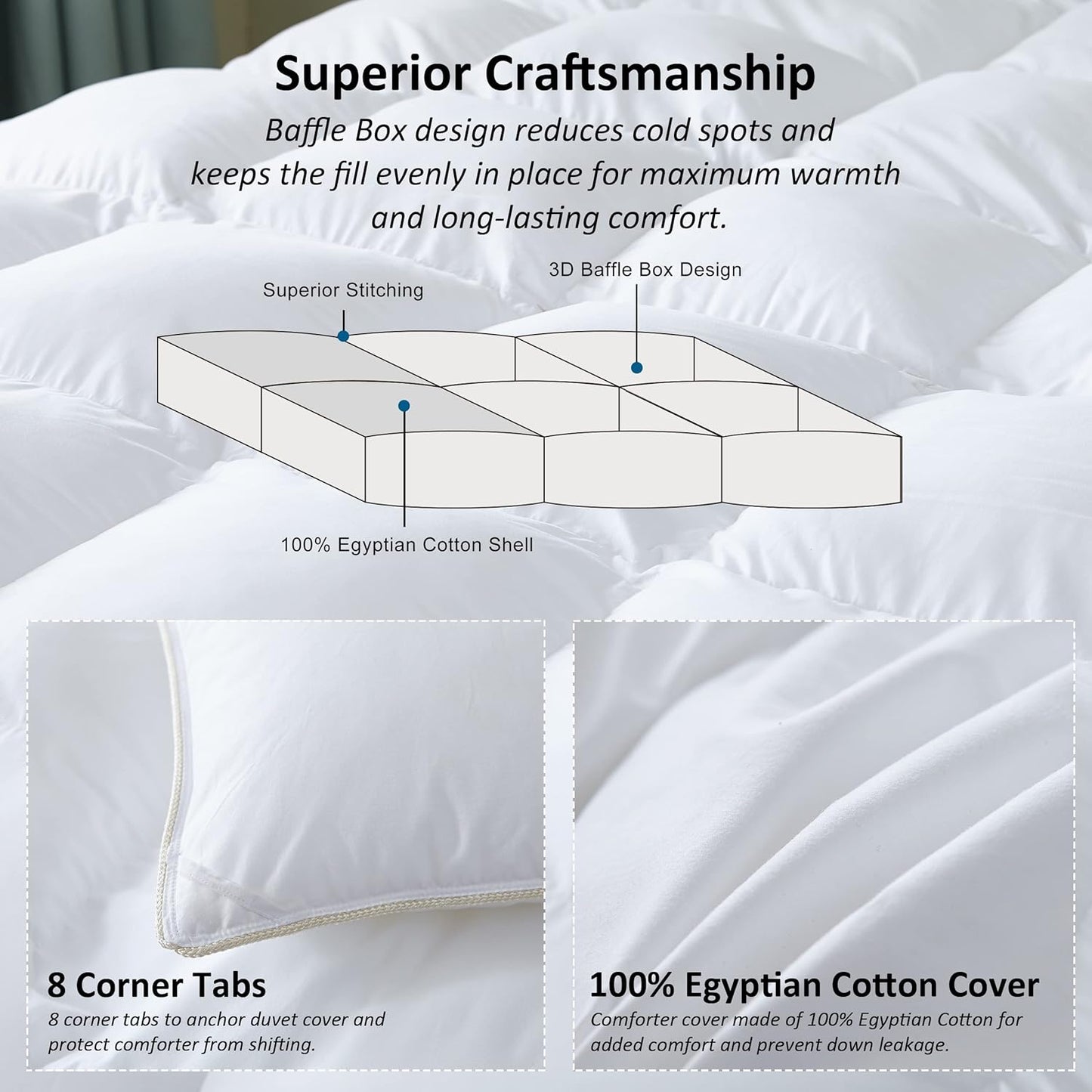 Luxurious All-Season Goose Down Feather Fiber Comforter King Size Duvet Insert, Premium White Solid Plain Design, Premium Baffle Box, 100% Egyptian Cotton, 80 oz Fill Weight