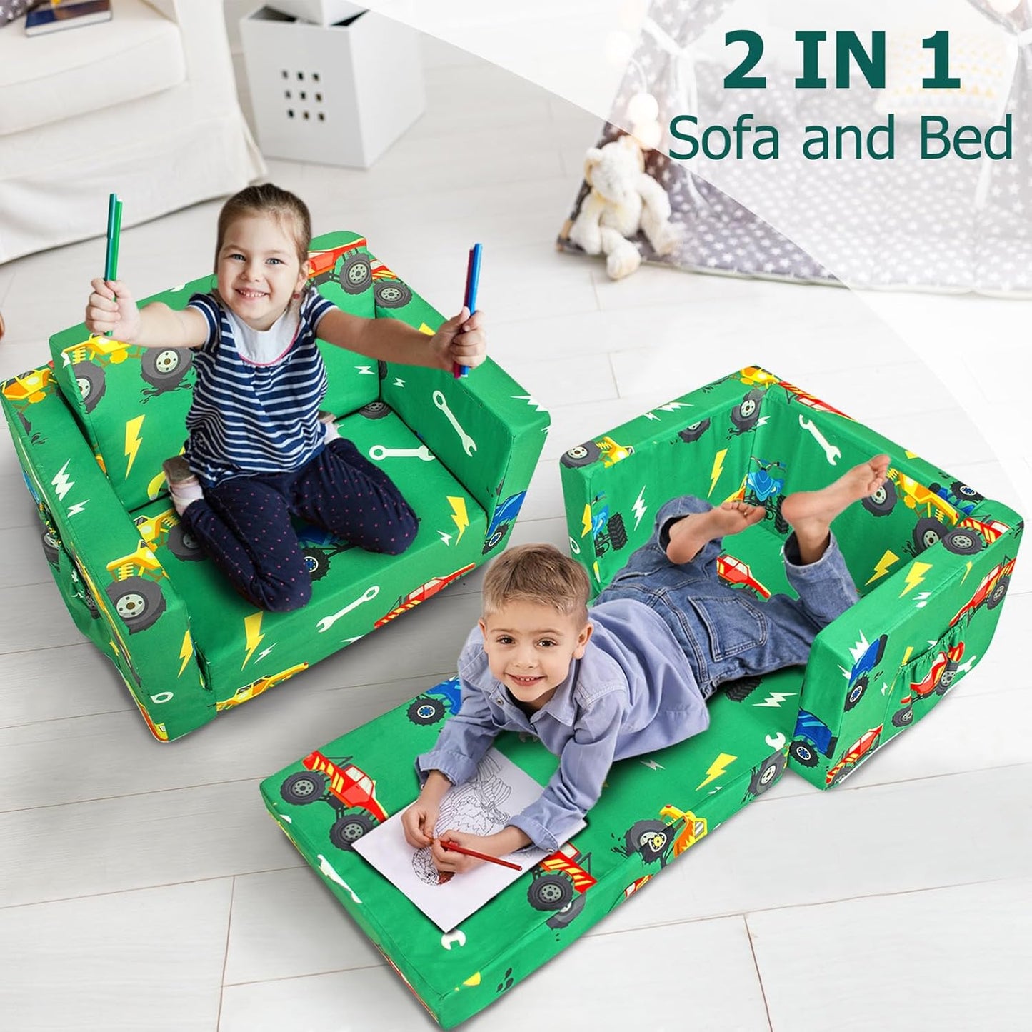 Kids Couch, 2-in-1 Kids Fold Out Sofa, Convertible Toddler Couch to Lounger for Girls and Boys, Soft Toddler Chairs Comfy 1-3 Years Old (Green Monster Truck)