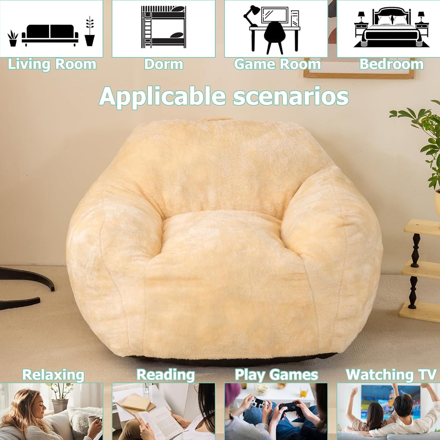 Bean Bag Sofa Chair for Adults, Beanbag Couch for Reading, Gaming, Relaxing, Soft and Durable Cover Lazy Sofa, Beige