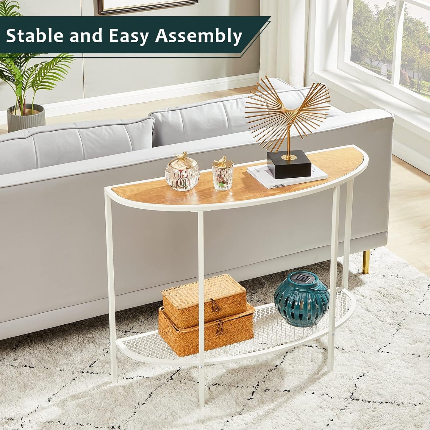 SAYGOER Console Table 2 Tier Narrow Entryway Table with Storage Shelves Half Moon Sofa Couch Table Small Entry Way Tables for Living Bedroom Hallway Office Easy Assembly, Oak White