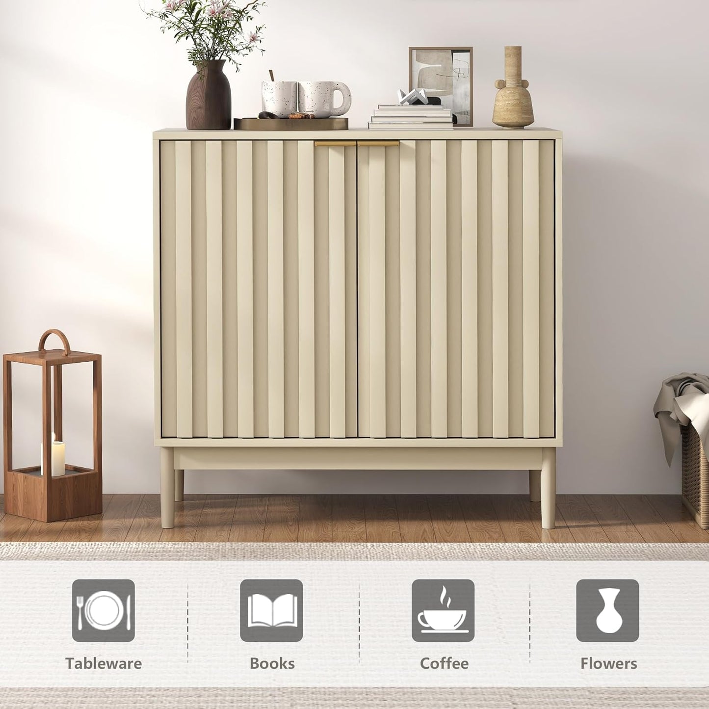 Fluted Cabinet with Storage, Buffet Cabinet Sideborad with Door, Kitchen Buffet Storage Accent Cabinets with Adjustable Shelves for Living Room, Entry, Hallway, Beige