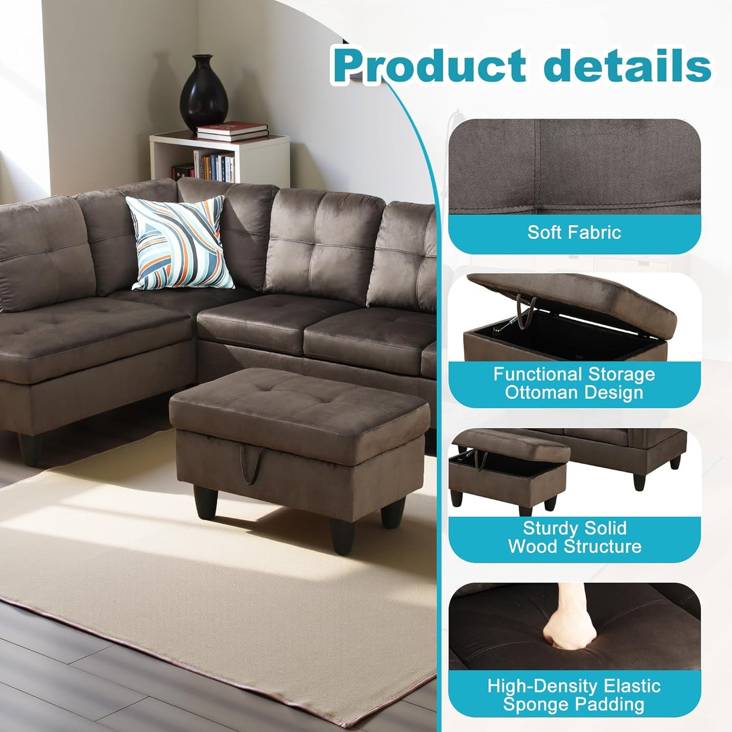 L Shaped Couch Modern Sectional Couch Upholstered Flannel Fabric 3 Pieces Sofas for Living Room with Chaise, Storage Ottoman for Office and Small Apartment, Dark Brown