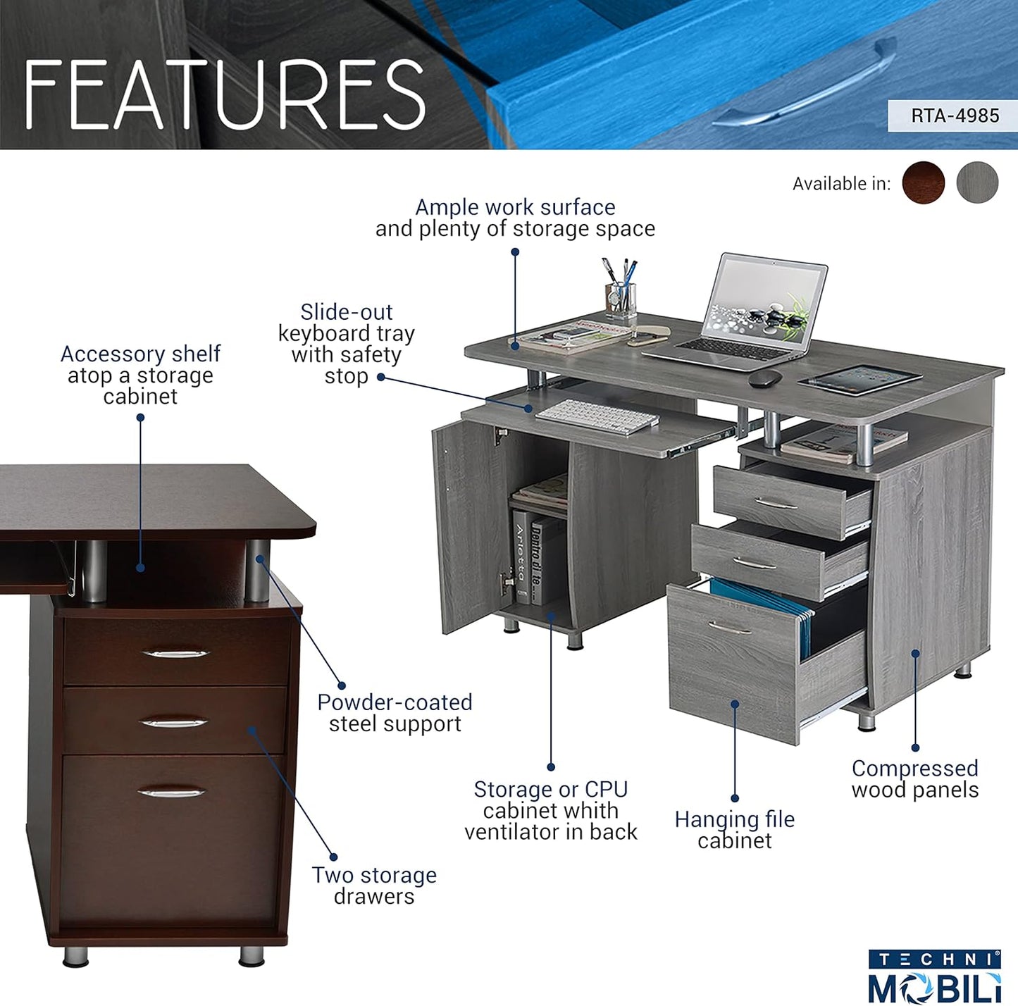 47.5'' Computer Desk with File Cabinet and Drawers, Storage Cabinet with Removable Shelf and Ventilation for CPU, Home Office Desk or Computer Workstation with Keyboard Tray, Grey