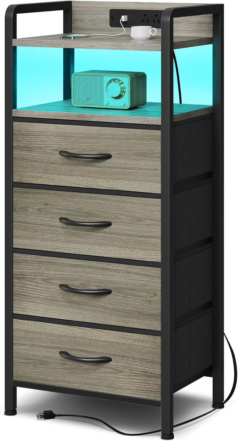 Grey NightStand with Charging Station - Morden Nightstand with USB Ports & AC Outlets, Grey End Table with Storage Shelf & 4 Fabric Drawers, LED Light Strip