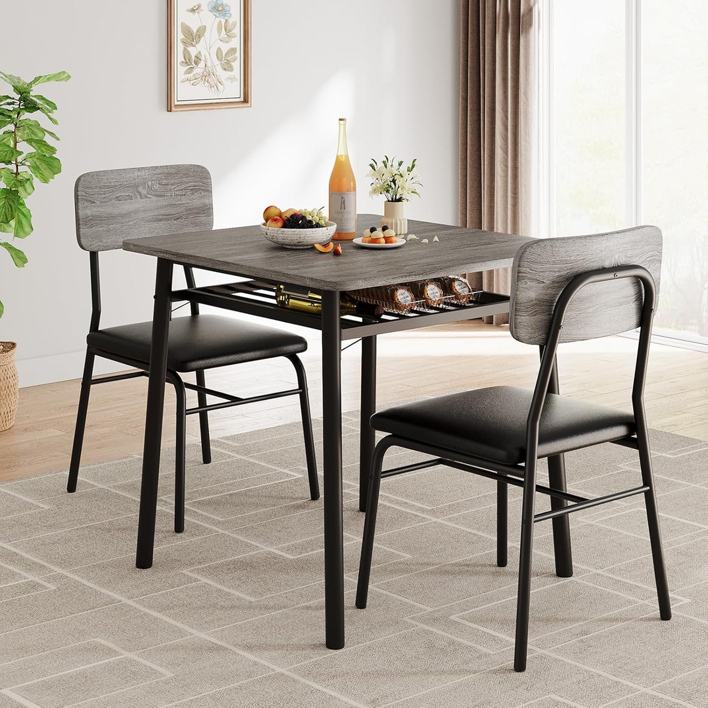 GarveeHome Dining Table for 2 with Storage Rack, Small Kitchen Table for 2 with Metal Frame, Square Table with Upholstered Chairs Set of 2, 3-Piece Dining Room Set for Small Space, Apartment, Gray