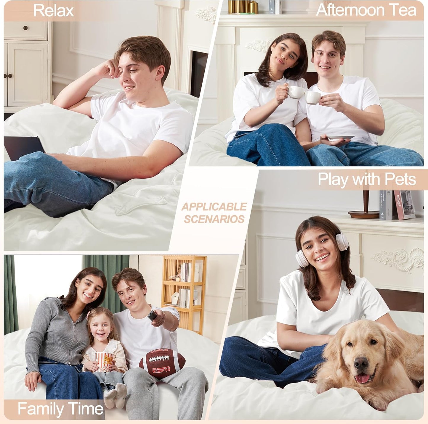 Homguava 4 FT Bean Bag Chair: 4' Bean Bags with Memory Foam Filled, Large Beanbag Chairs Soft Sofa with Dutch Velvet Cover-Beige