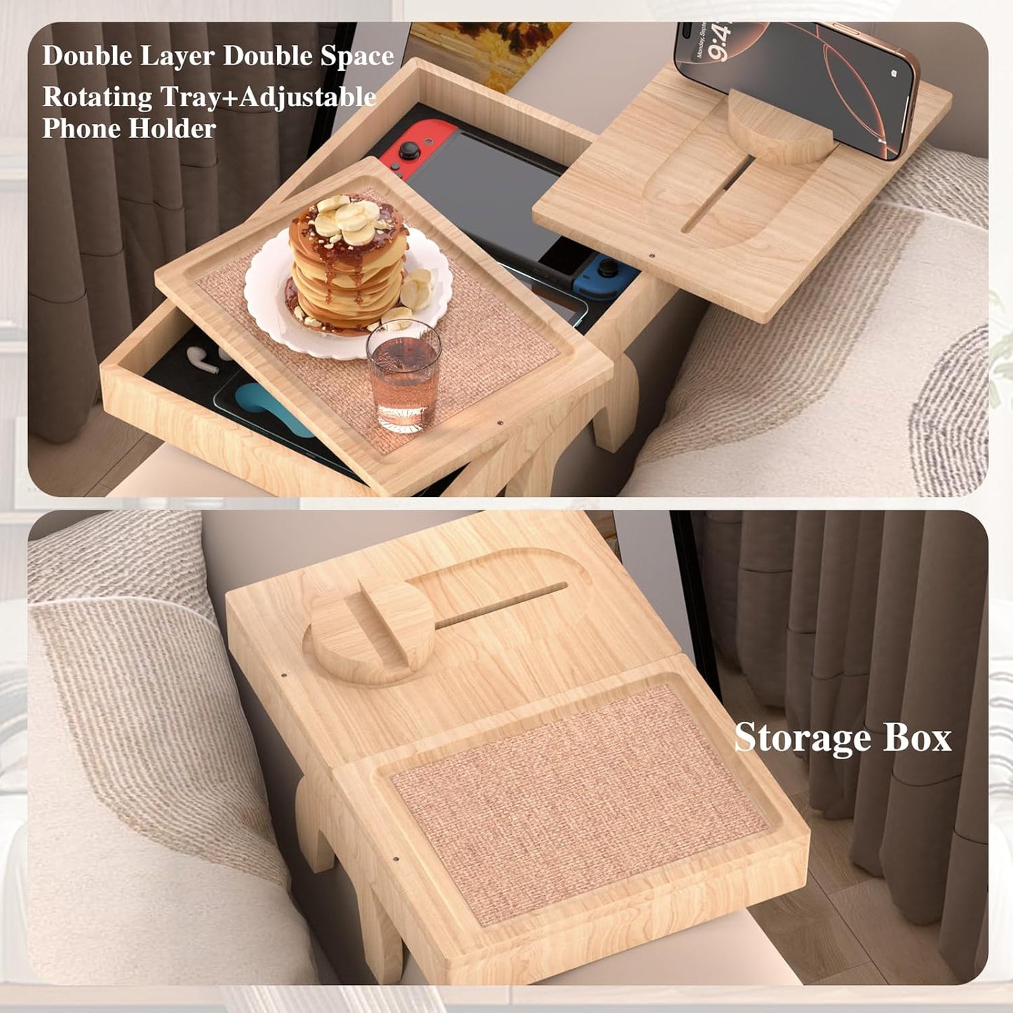Bamboo Couch Arm Table with 2 Rotating Lids & Adjustable Phone Holder,Foldable Couch Arm Tray,Non-Slip Arm Rest Table Clip for Couch Pillow,Sofa Arm Tray for Snacks,Drinks or Dining