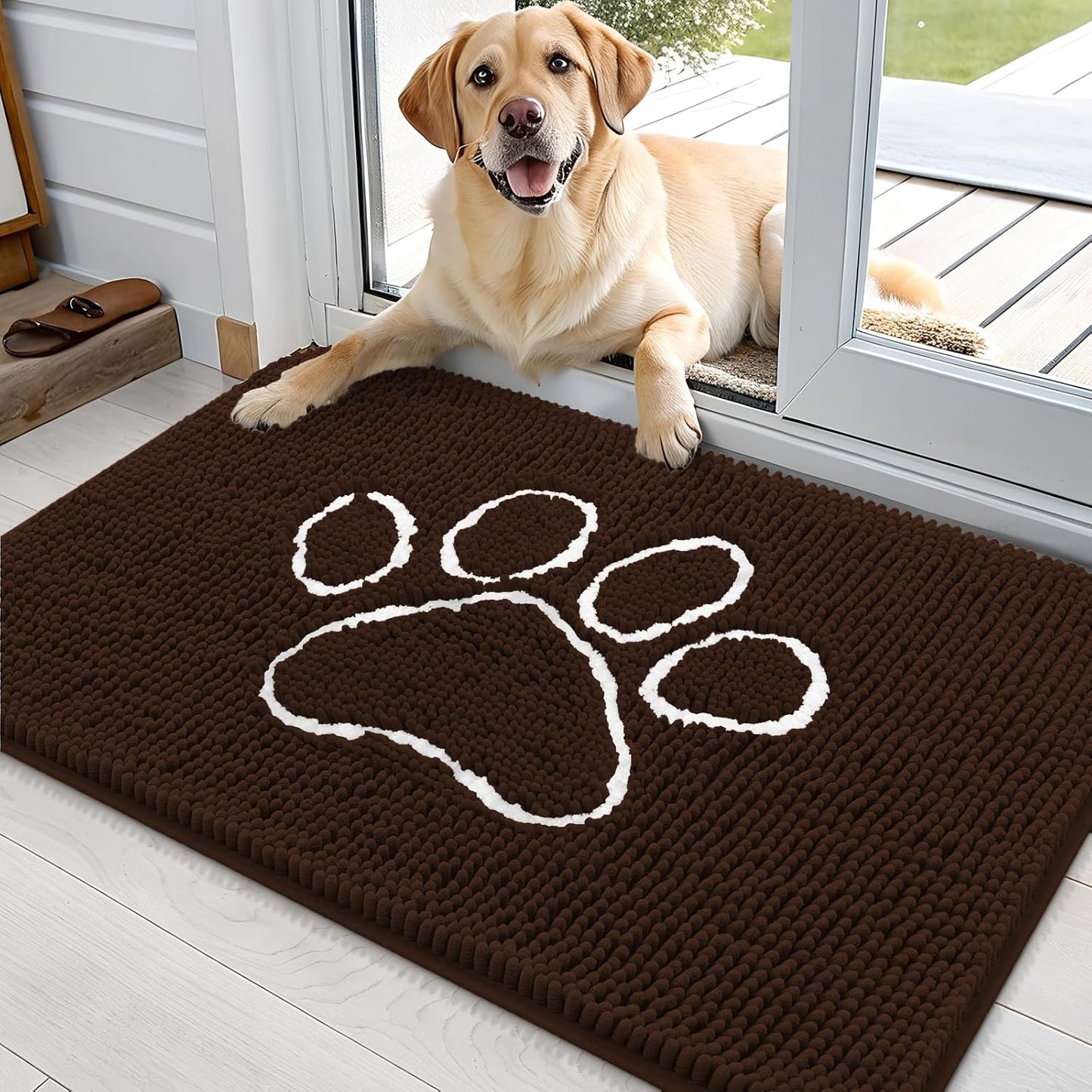OLANLY Door Mat for Muddy Dog Paws 36x24, Ultra Absorbent Chenille Mud Doormat with Paw Print Design, Non-Slip Washable Doormat for Indoor Entryway, Quick-Dry Pet Bed Mats for Dirty Dogs, Brown