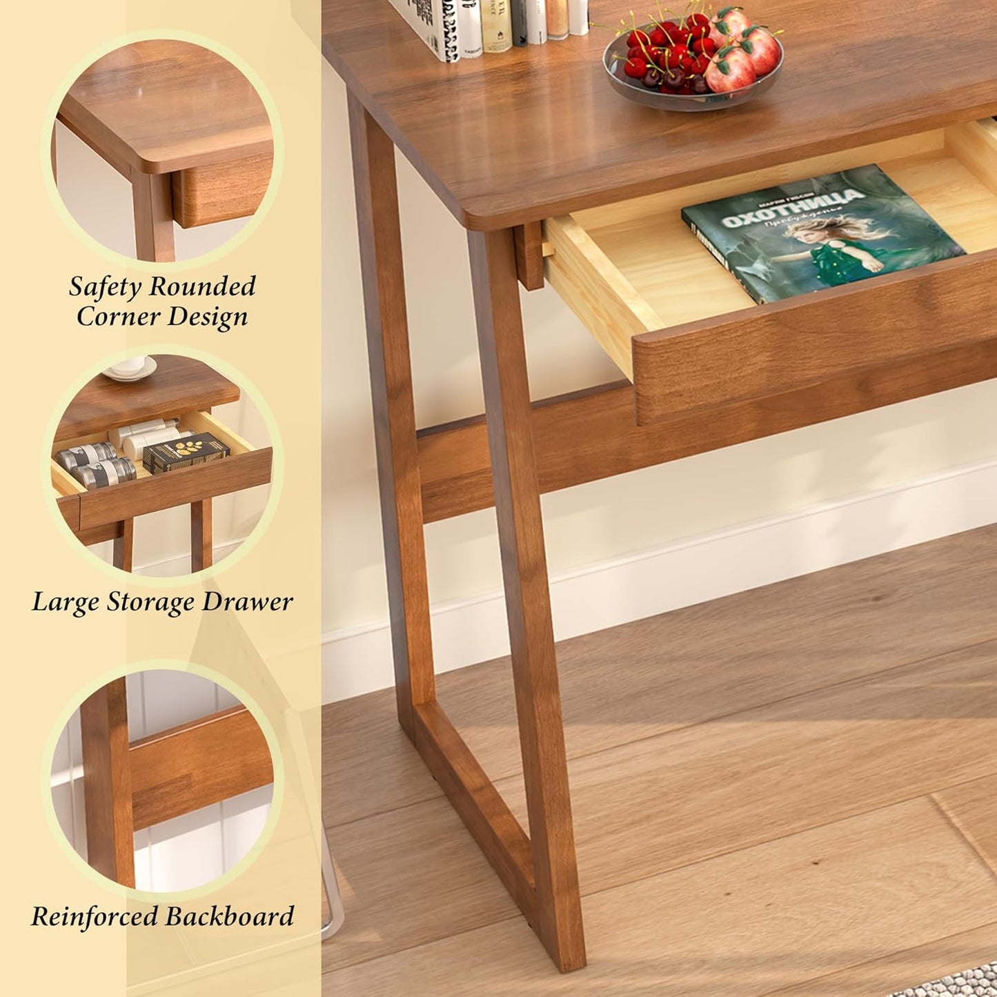 100% Solid Wood Writing Desk - Mid Century Modern Desk, Home Office Desks with Drawers, Walnut Vintage Desks, Laptop Computer Work Study Table for Bedroom, Living Room & Office