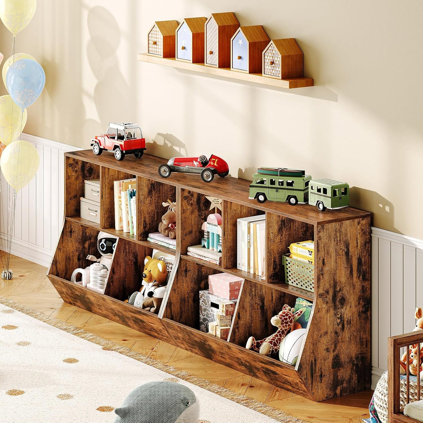 HOOBRO Kids Bookshelf, Bookcase Footboard, Toy Storage Cubby, 35.4" L Children's Toy Shelf, Toy Storage Cabinet, Fit for Children's Room, Playroom, Hallway, Kindergarten, Rustic Brown BF32CW01