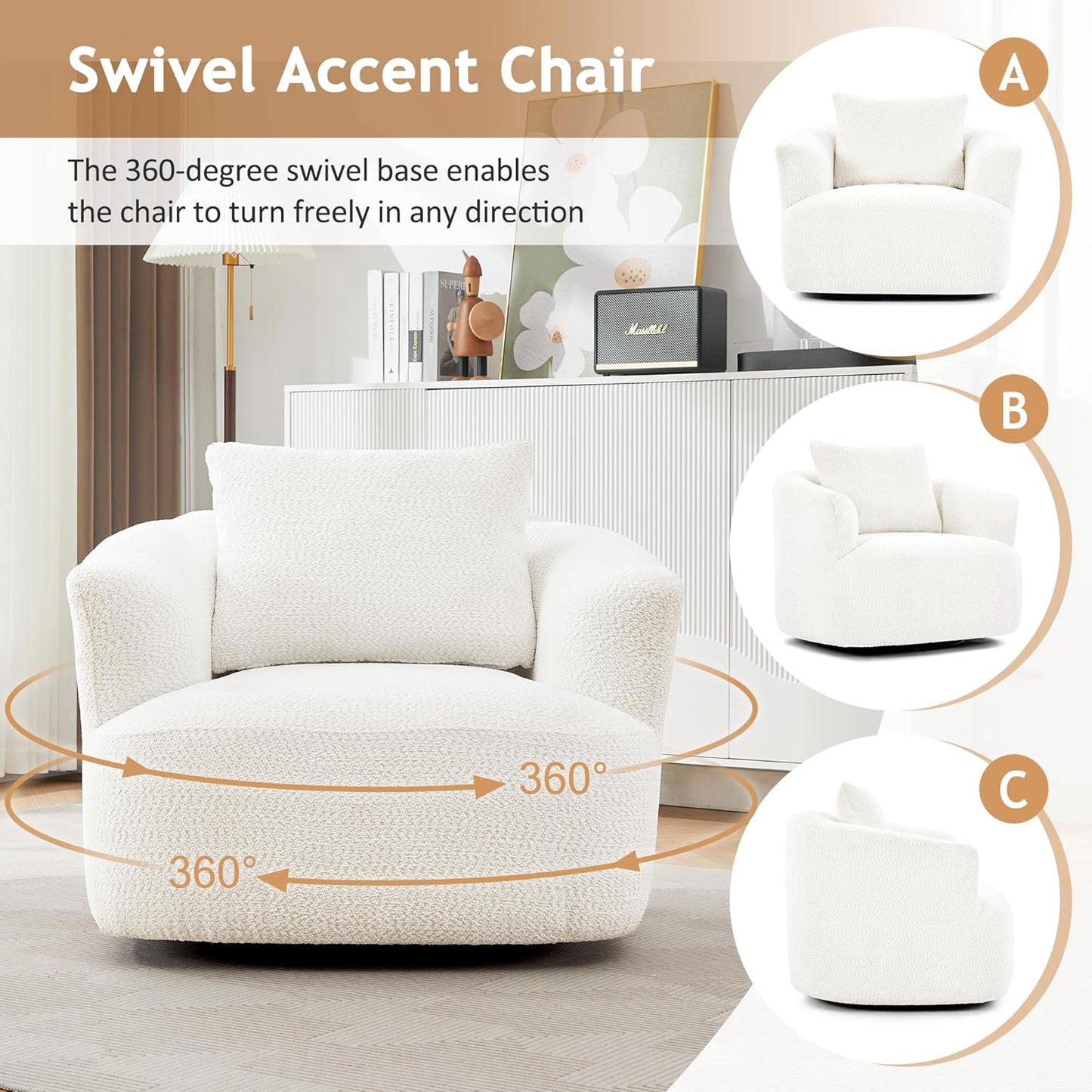 Merax Modern 360° Chenille Swivel Barrel Chair with A Throw Pillow & Armrest, Upholstered Cozy Single Round Sofa with Deep Seating for Living Room Bedroom,Office, Hotel, Easy Assemble, Beige