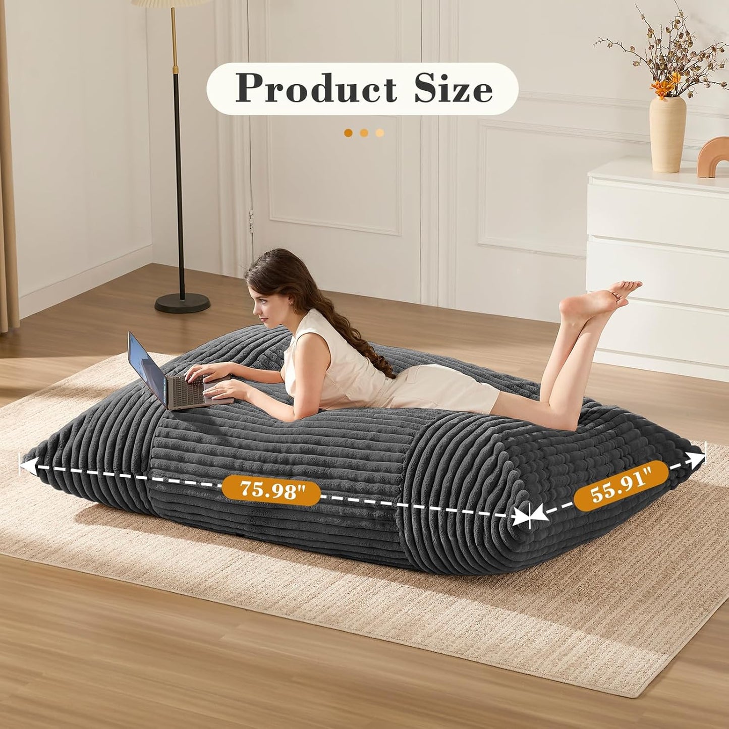 3-in-1 Giant Bean Bag Chair for Adults & Kid, Convertible Floor Sofa to Mattress, High-Density Foam Chair Bed with Washable Cover, Multi Functional Lounge Couch for Bedroom, Living Room (Dark Grey)