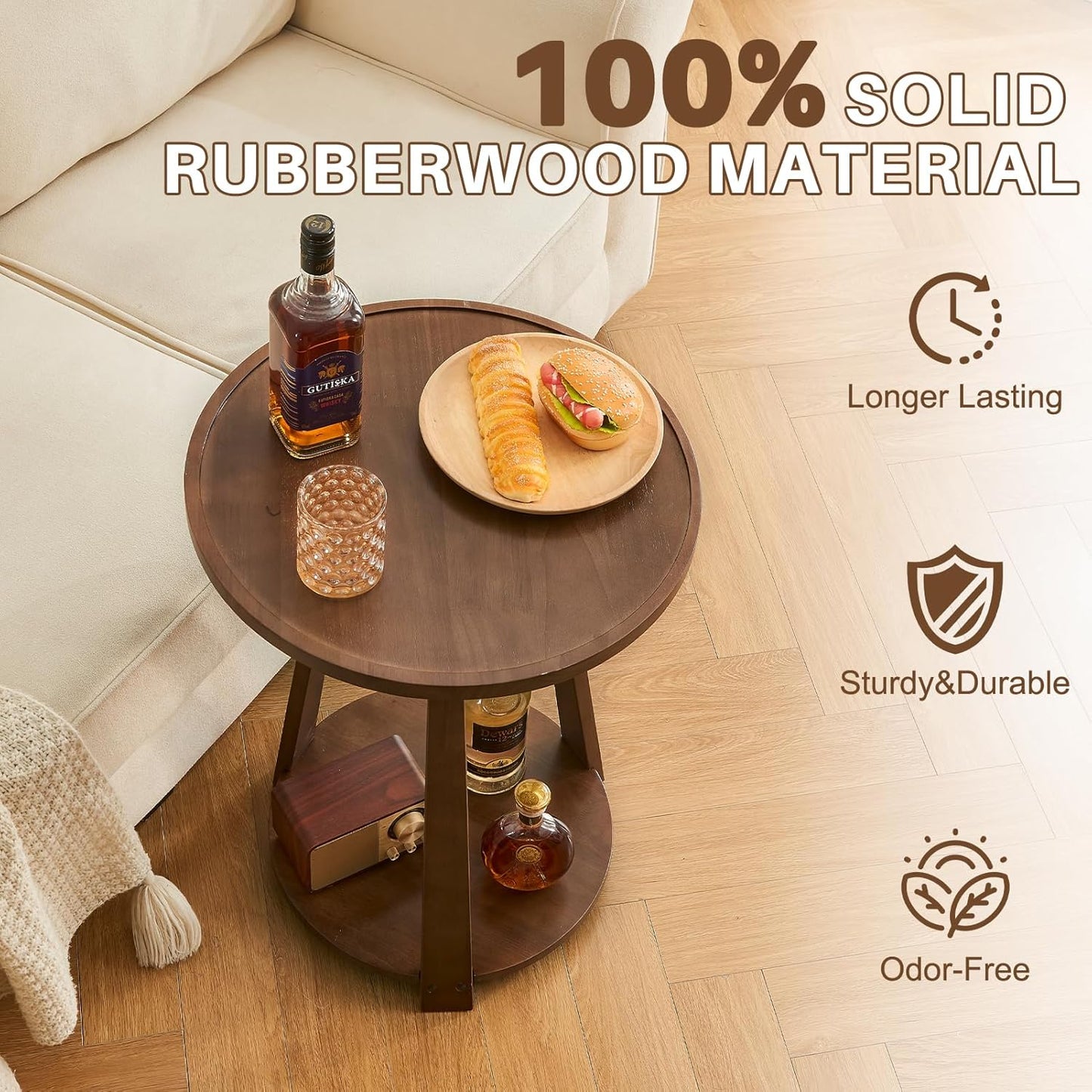 Uniclinens Round End Table, Solid Wood Round Side Coffee Table, Small Bedside Nightstand for Living Room Bedroom, Walnut