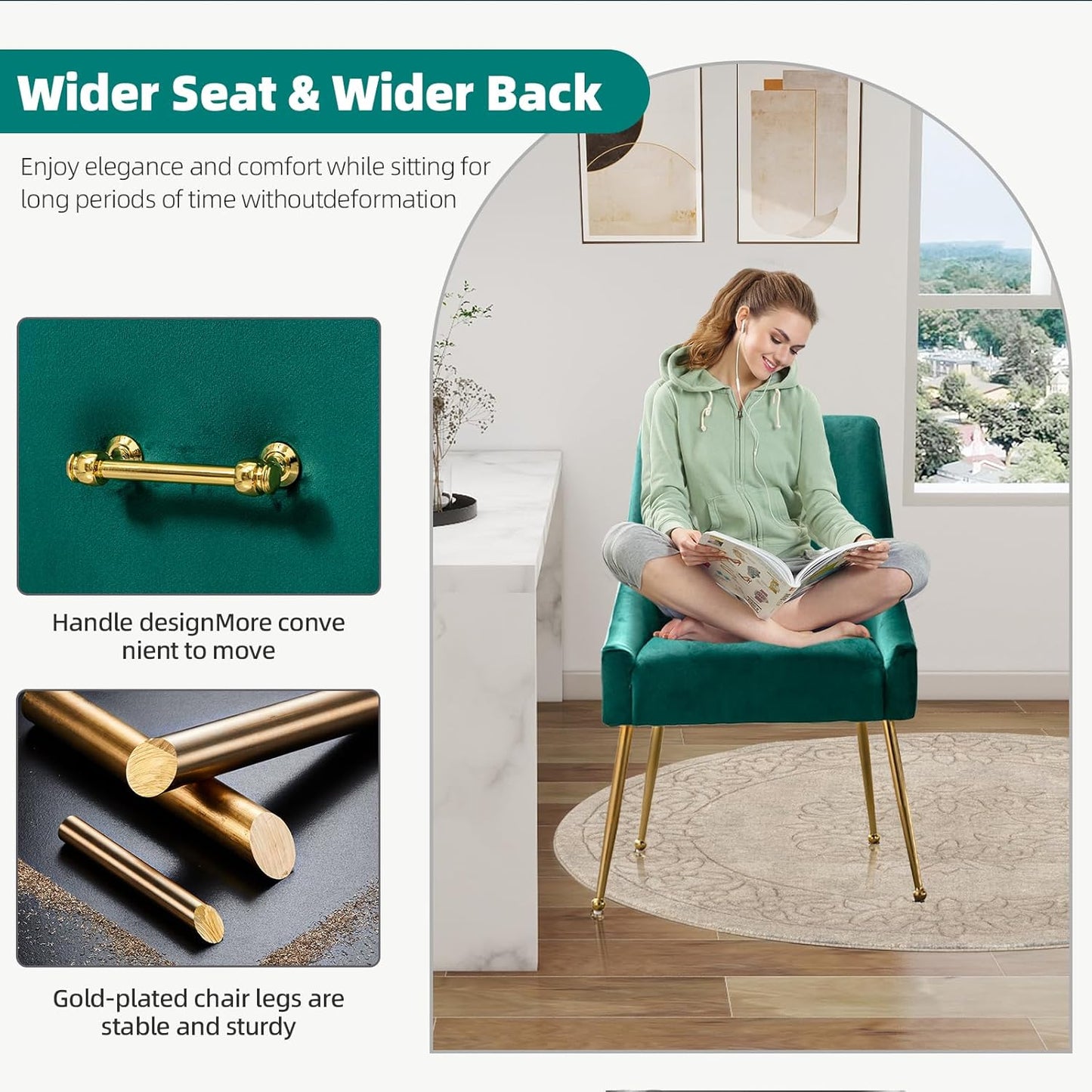 Velvet Dining Chairs Set of 2, Furniture Collection Modern Contemporary Upholstered with Polished Gold Metal Legs(Green)