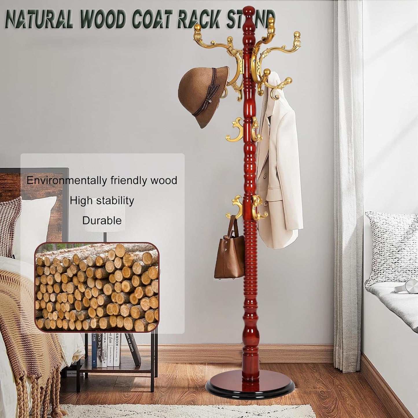73" Wooden Coat Rack Stand,Coat Racks Freestanding With 14 Hooks And Solid Round Base Heavy Duty Adjustable Height Hall Tree Coat Rack for Entryway Hallway Foyer Office Bedroomf (Begonia)