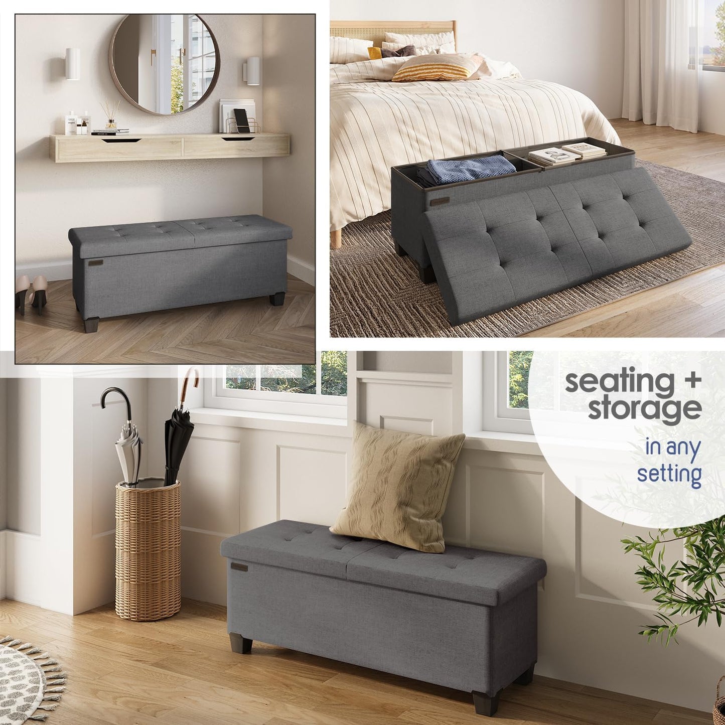 STORAGEBUD Storage Ottoman Bench with Bins, 43-in Storage Bench for Bedroom End of Bed, Folding Foot Rest Ottoman for Living Room Max 660lbs, Fabric Ottomans, Grey
