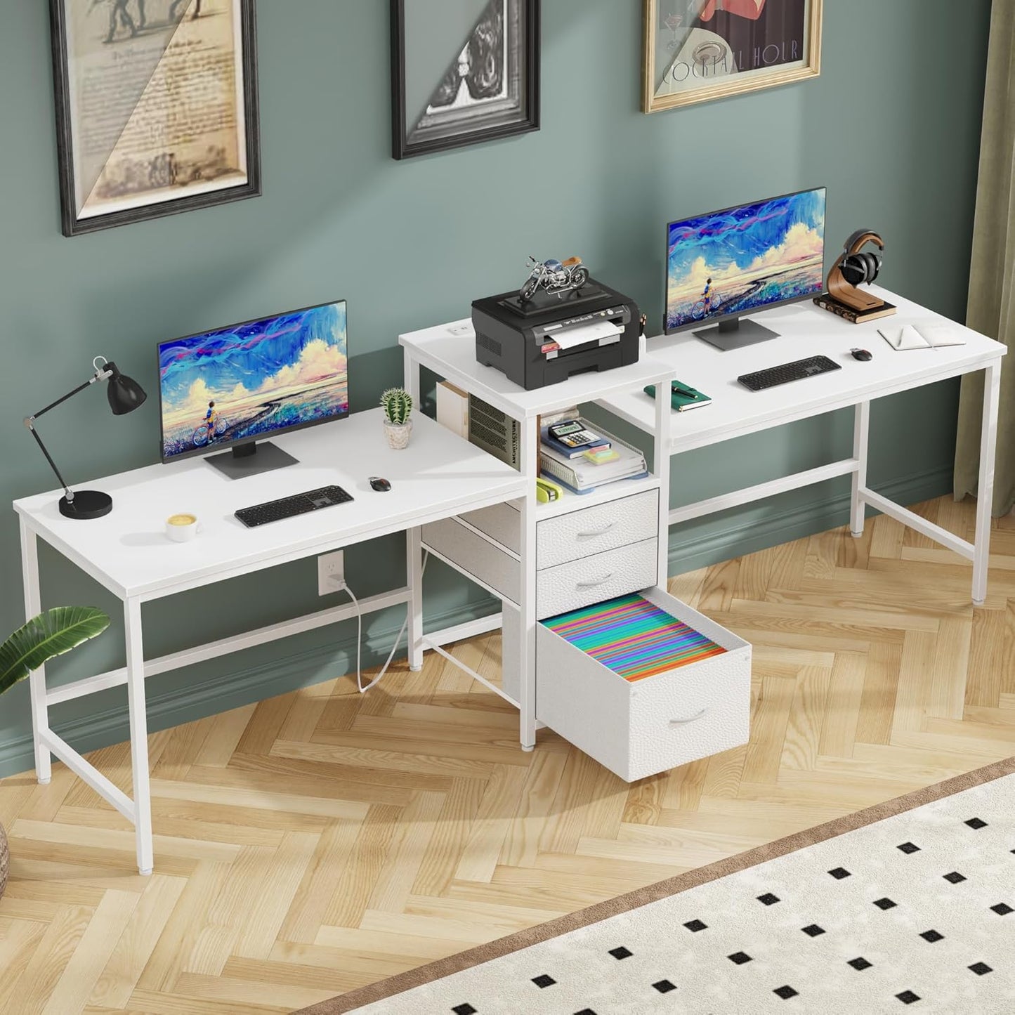 93'' Two Person Desk with Charging Station, Long Desk with 3 Drawers and Printer Shelf, Double Computer Desk, Fabric Drawers, 2 Person Writing Study Table Workstation for Home Office, White