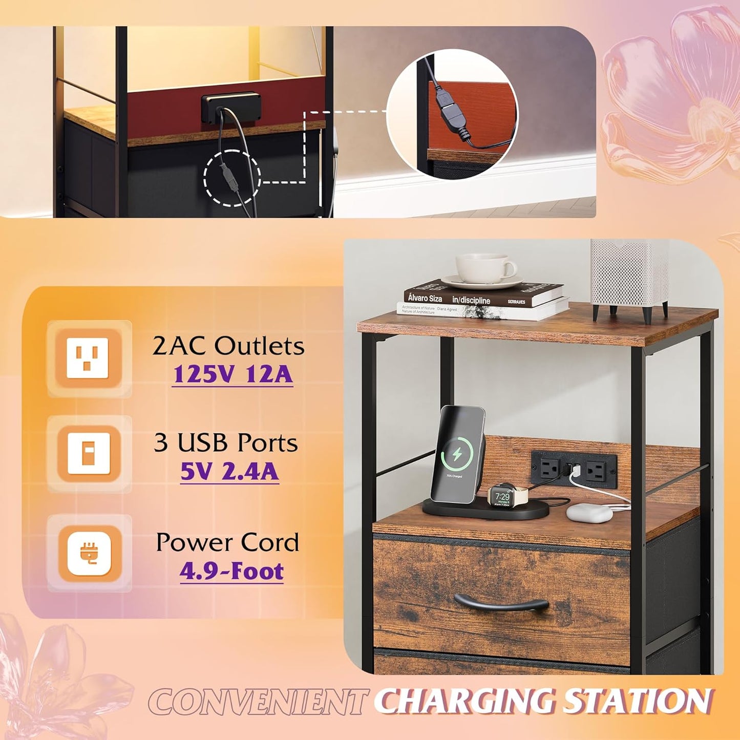 WLIVE Night Stand Set of 2 with Charging Station, LED Nightstand Sets with 2 Fabric Drawers and Storage Shelf, Small Bedside Tables for Small Spaces, Dresser for Bedroom, Rustic Brown