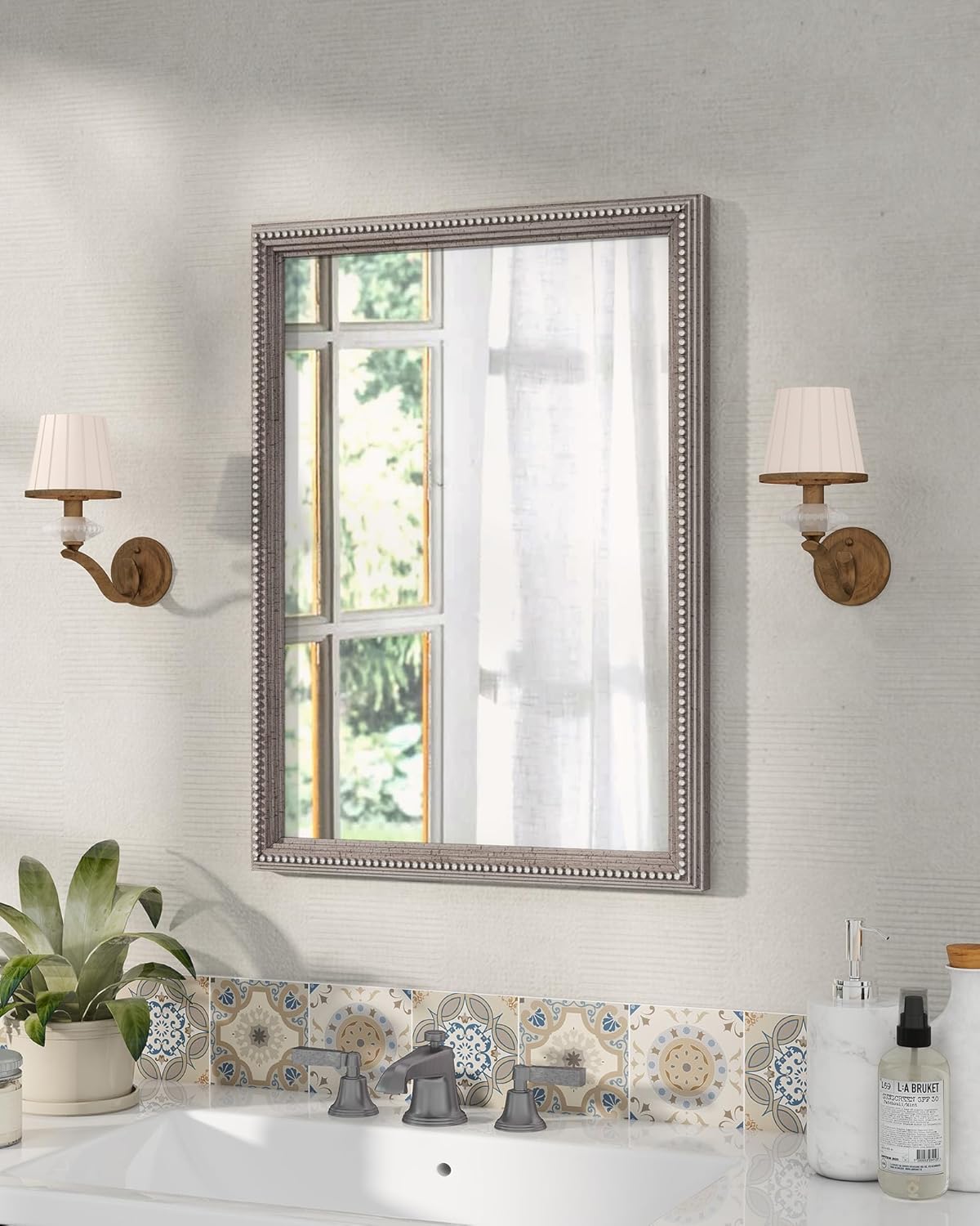 Axeman 22x30 Wood Wall Mirror, Rustic Bathroom Mirror, Vintage Wall Mounted Mirror Tempered Glass with Beaded Wooden Frame for Farmhouse Living Room Vanity Bedroom Entryway, Grey