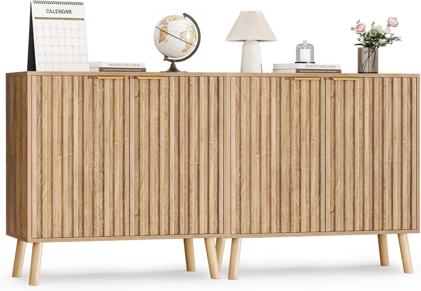 Pamapic Fluted Storage Cabinet, Sideboard Buffet Cabinet with Storage, Wood Credenza with Adjustable Shelves, Modern Accent Cabinet for Living Room, Kitchen, Entryway, Natural(2, Oak)