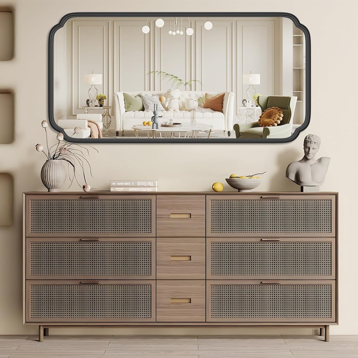 48 x 24 Inch Black Bathroom Vanity Mirror for Wall with Metal Frame Modern Rectangle Rounded Corner Wall Decor Mirror for Big Bathroom Over Sink (Horizontal/Vertical)