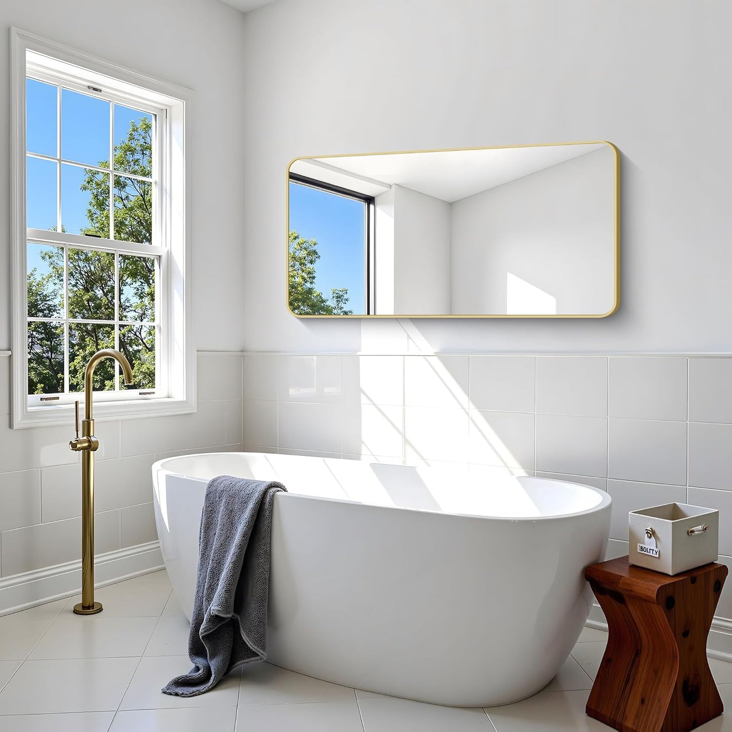 Gold Bathroom Mirror,24x48 inch Wall Mirror for Bathroom Wall Mounted,Round Rectangle Mirror for Bathroom Over Sink,Modern Frame for Home Decor Living Room,Bedroom Entryway,Horizontal/Vertical